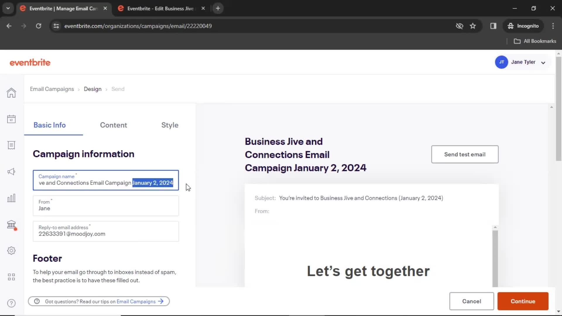 Creating an email campaign screenshot