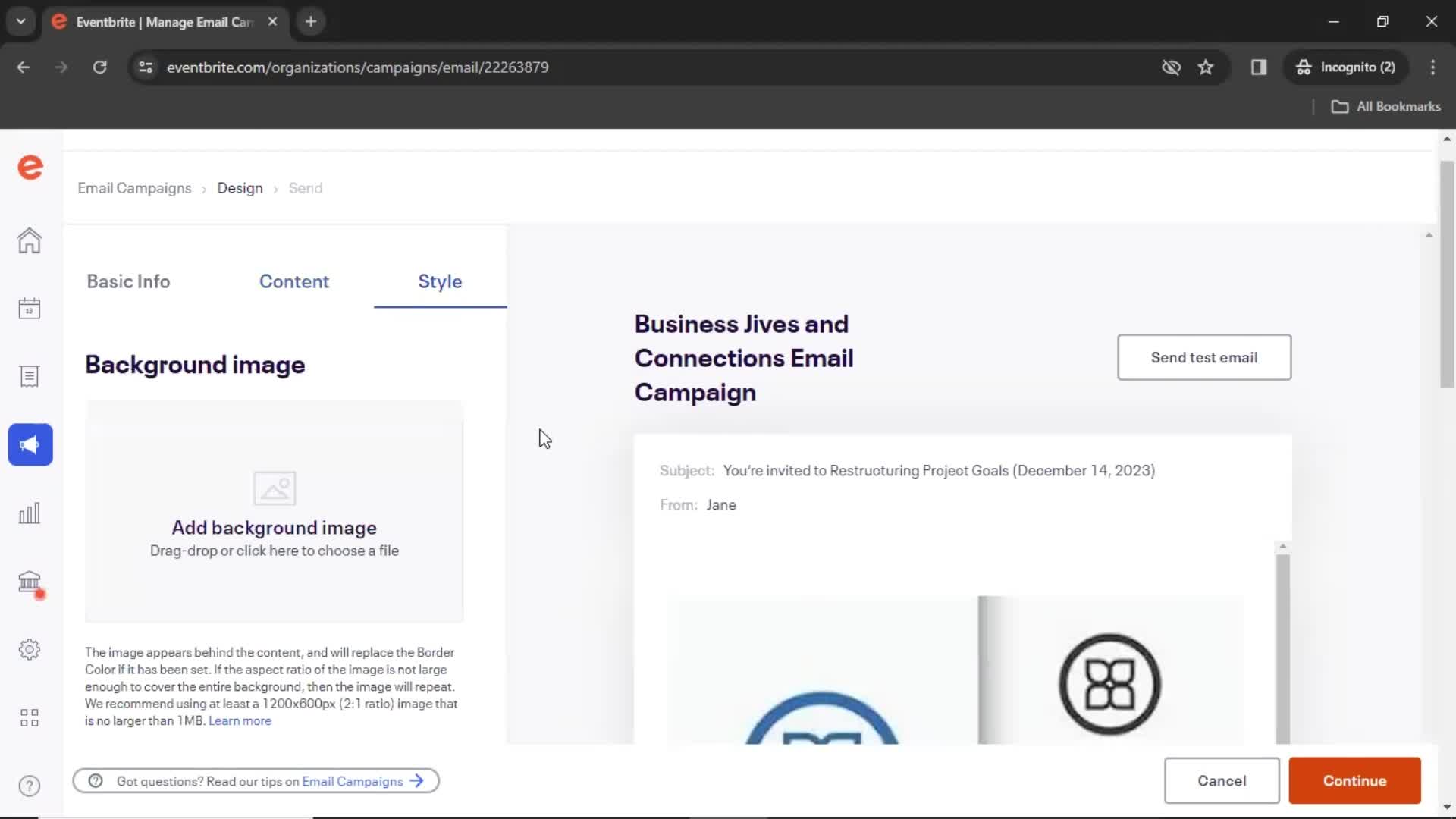 Creating an email campaign screenshot