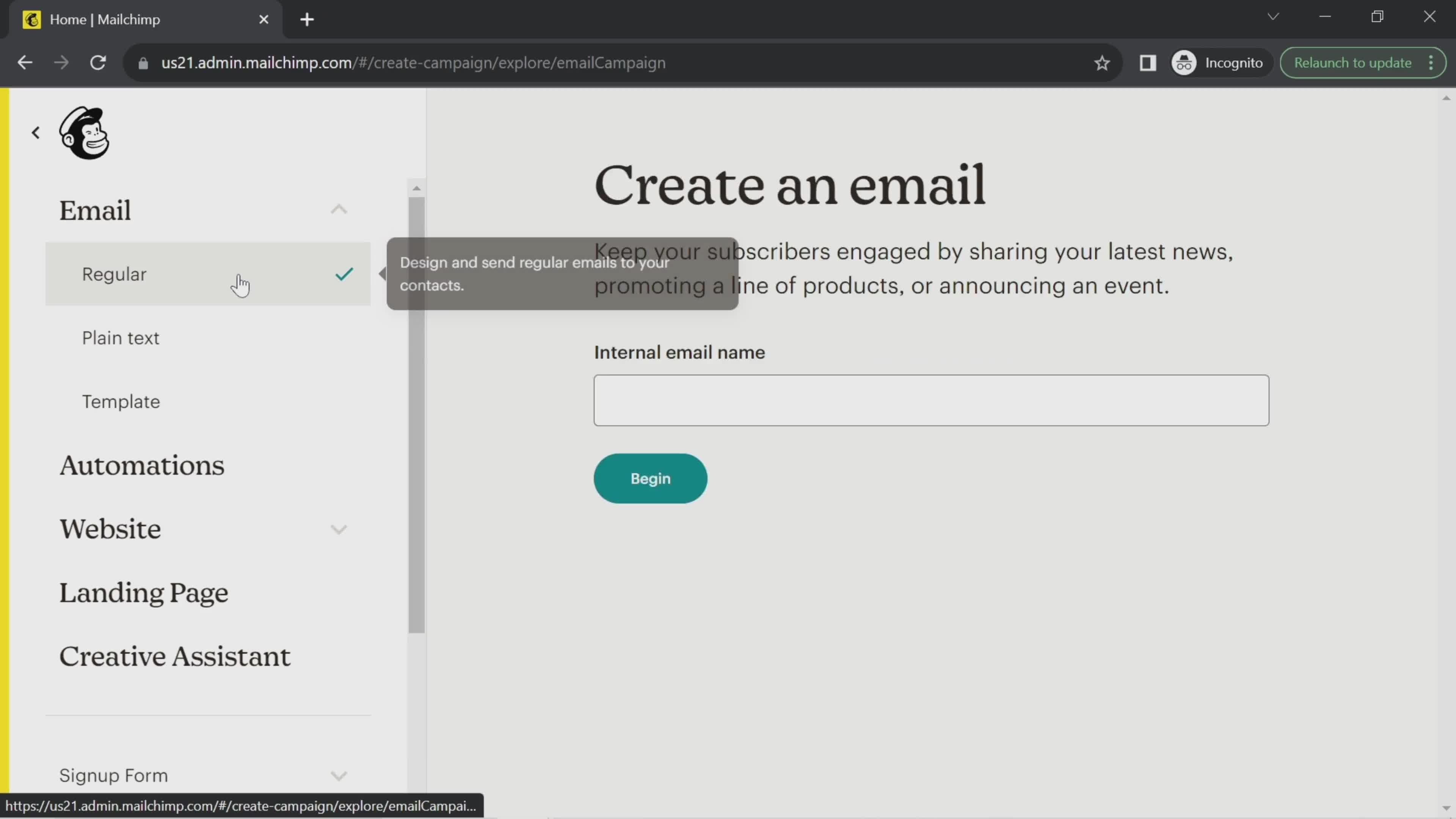 Creating an email campaign screenshot