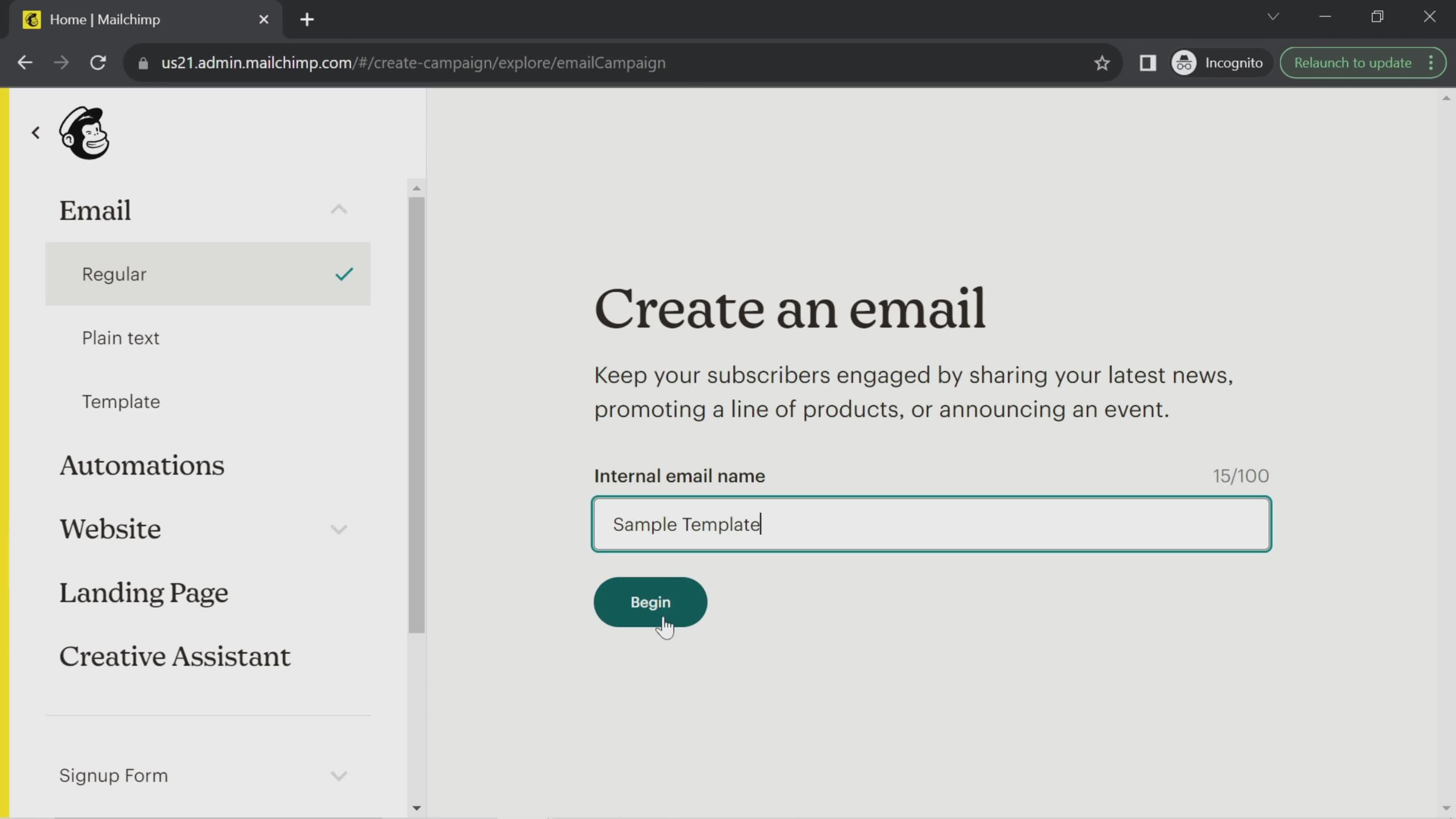 Creating an email campaign screenshot