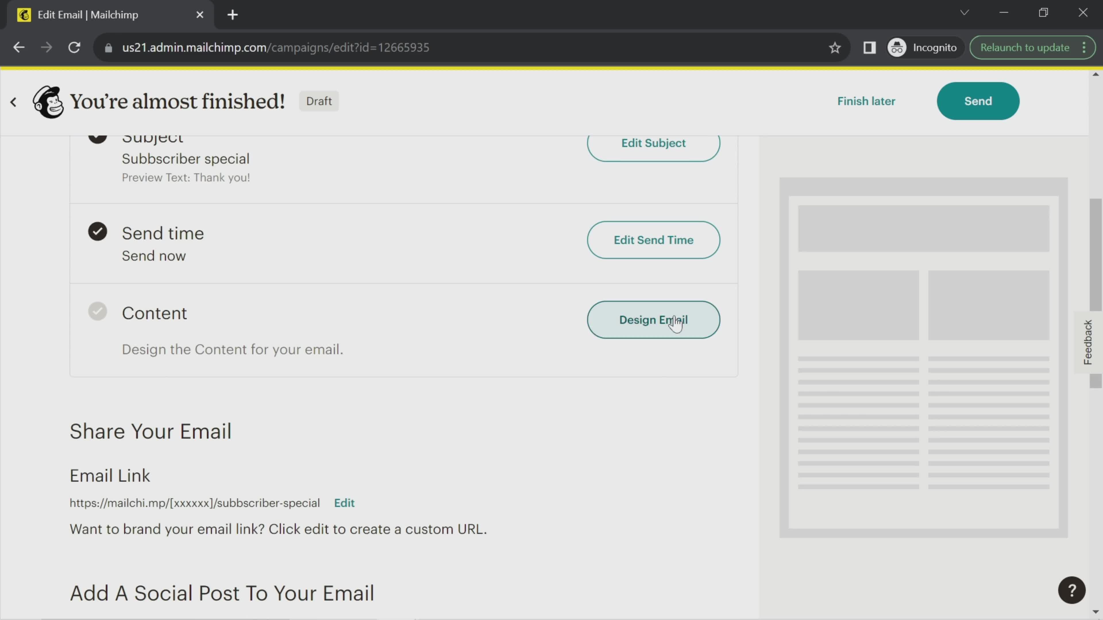 Creating an email campaign screenshot