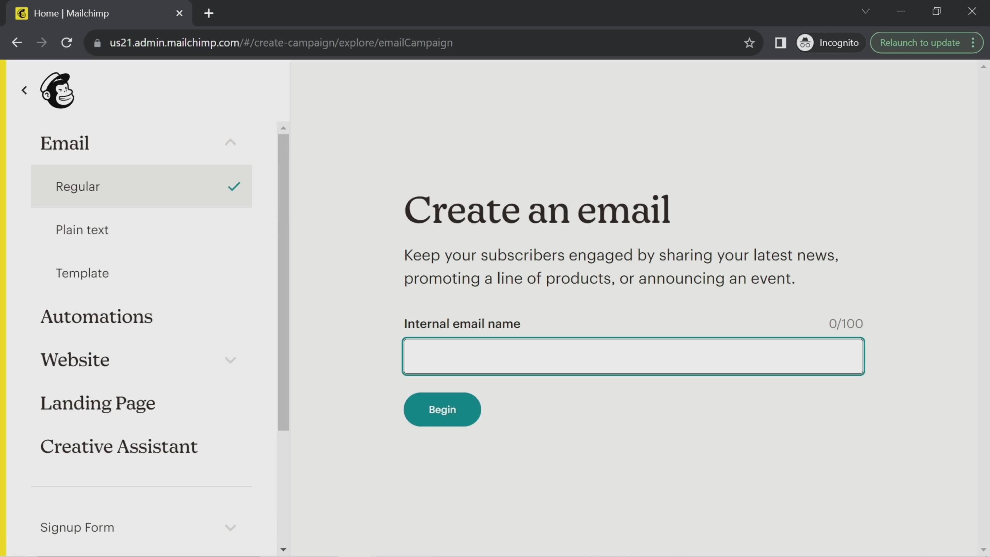 Creating an email campaign screenshot