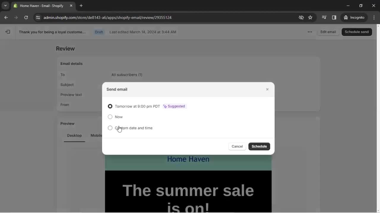 Creating an email campaign screenshot