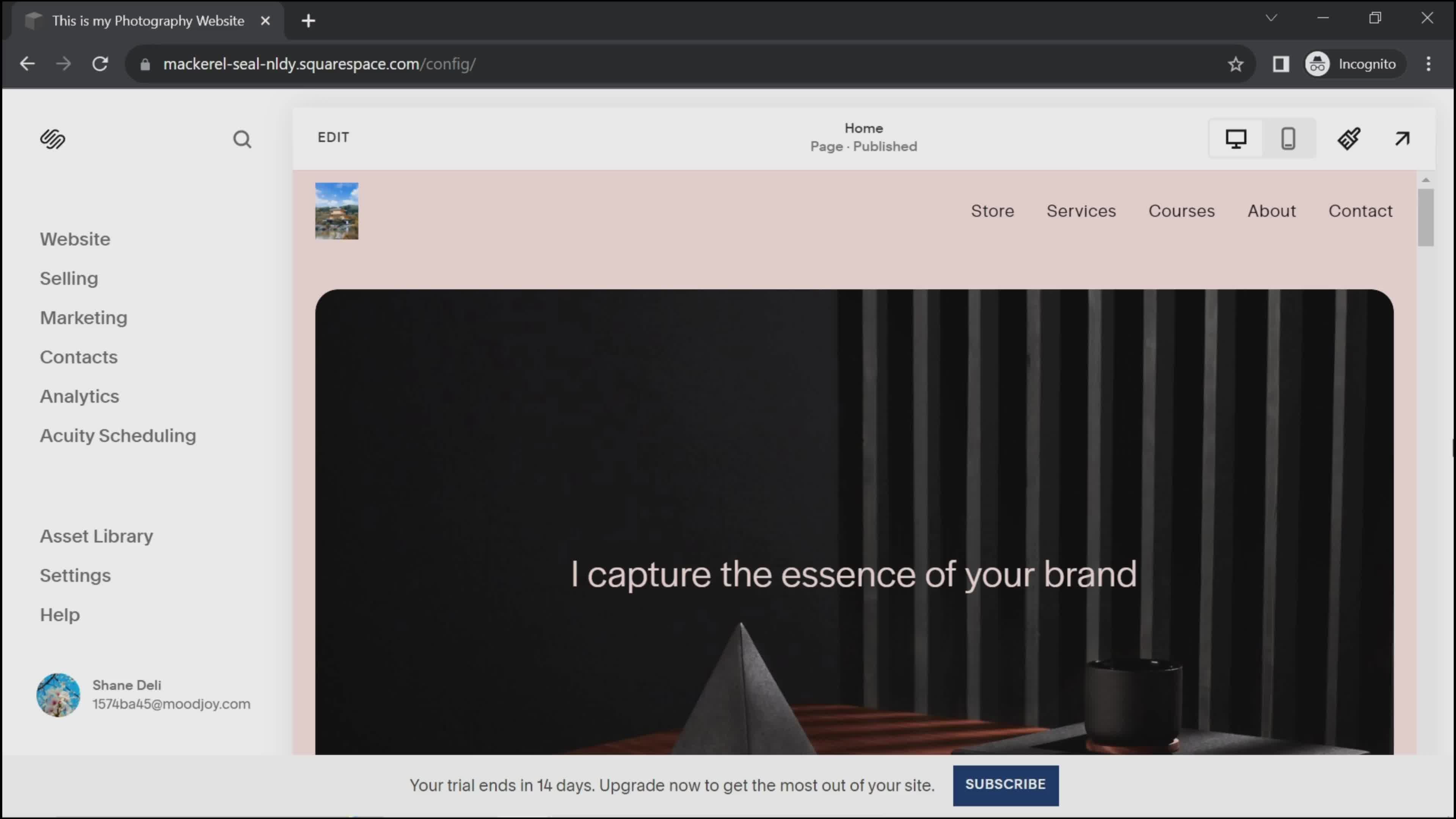 Screenshot of Website editor on Creating an email campaign on Squarespace user flow