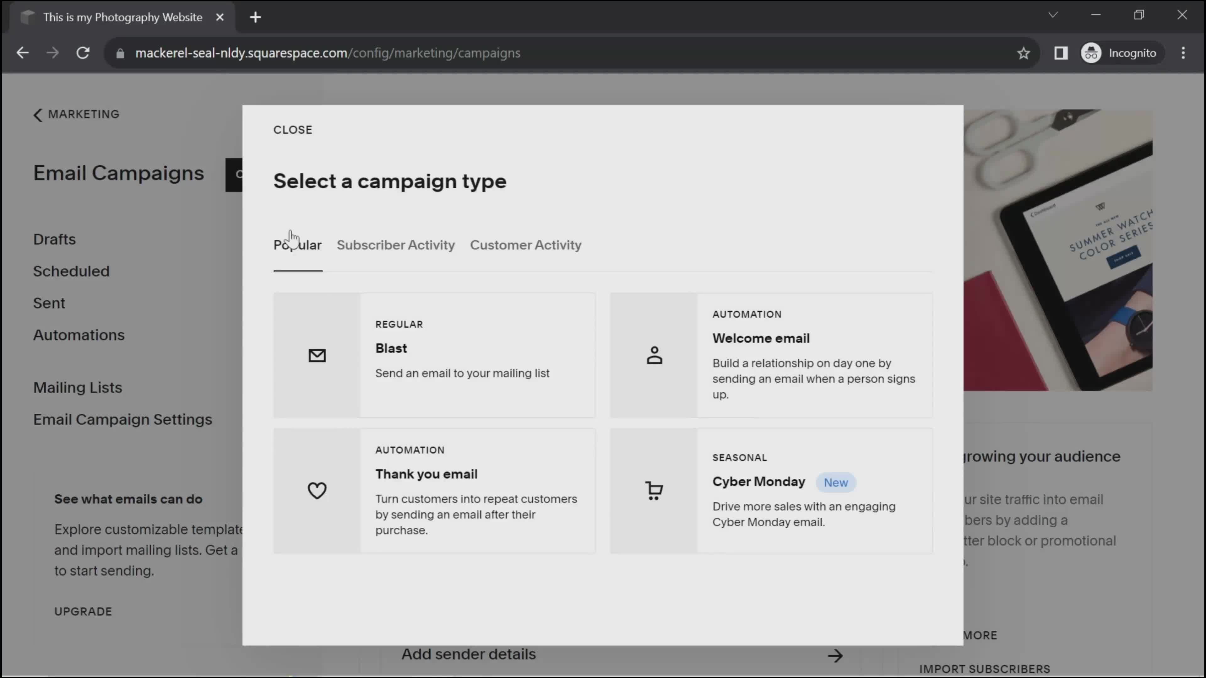 Creating an email campaign on Squarespace video thumbnail