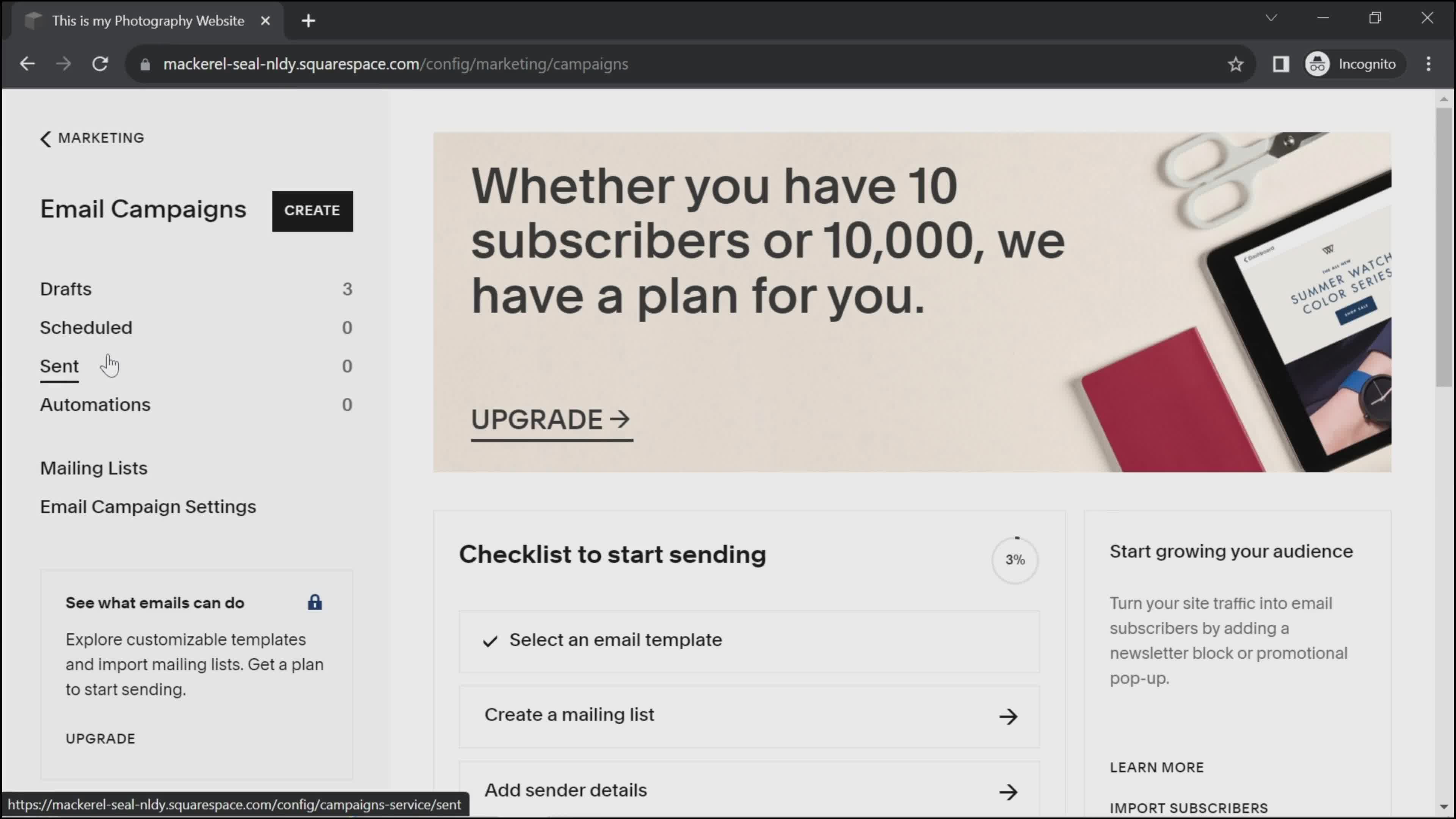 Screenshot of Email campaign on Creating an email campaign on Squarespace user flow