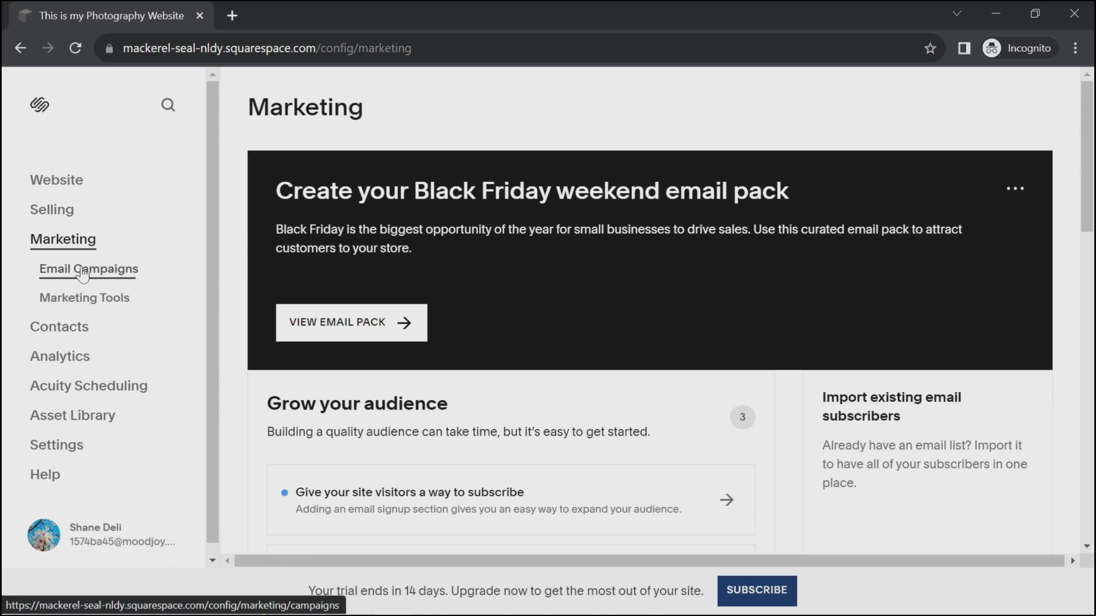 Screenshot of Marketing on Creating an email campaign on Squarespace user flow