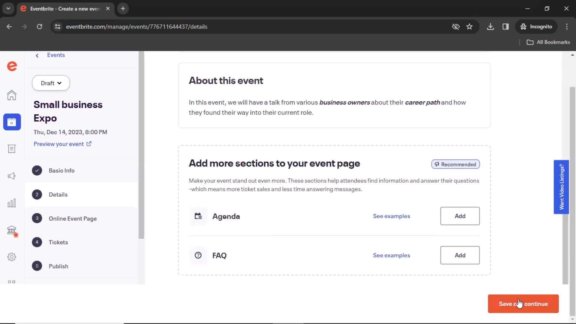 Creating an event screenshot