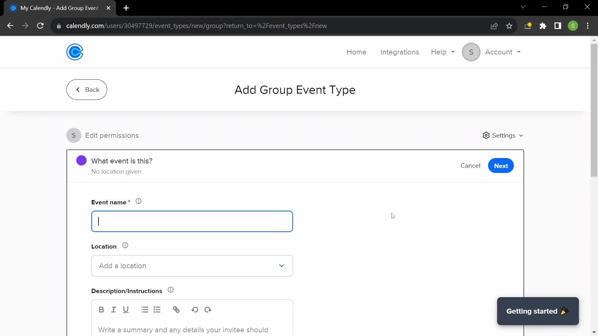 Creating an event type screenshot