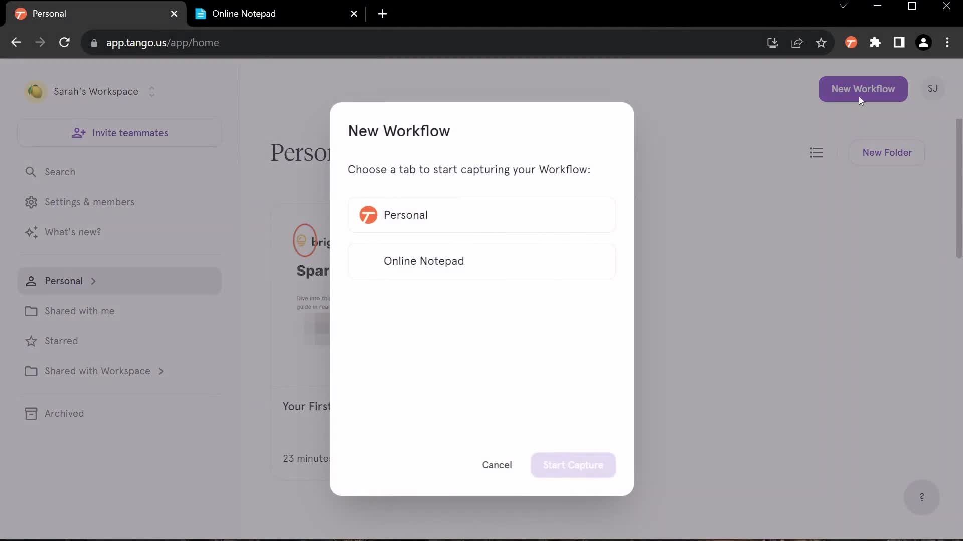 Screenshot of Create guide on Creating guides on Tango user flow