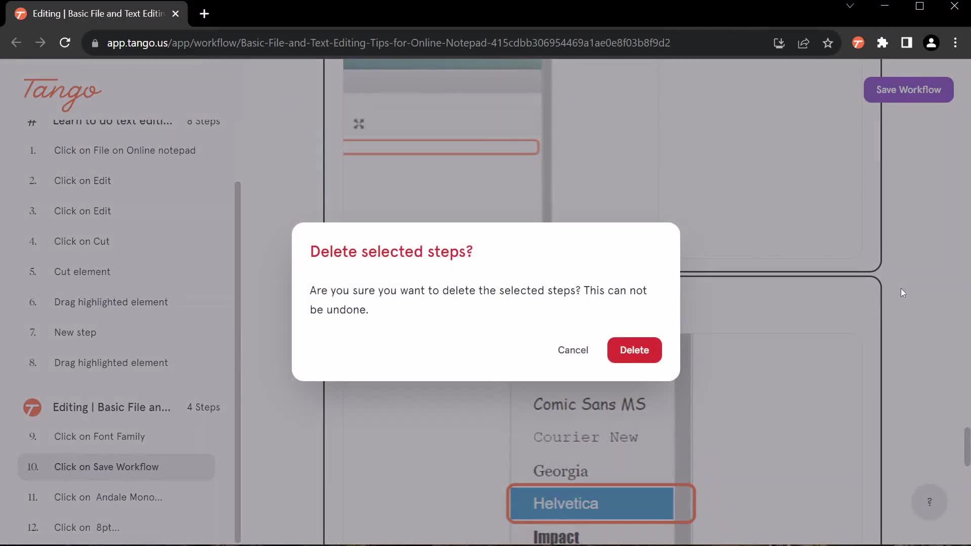 Screenshot of Confirm delete on Creating guides on Tango user flow