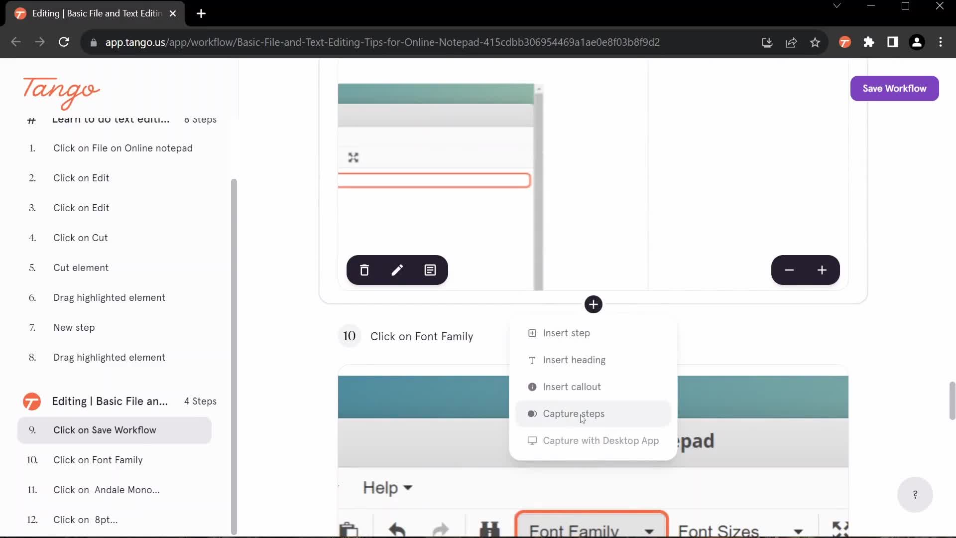 Screenshot of Add element on Creating guides on Tango user flow
