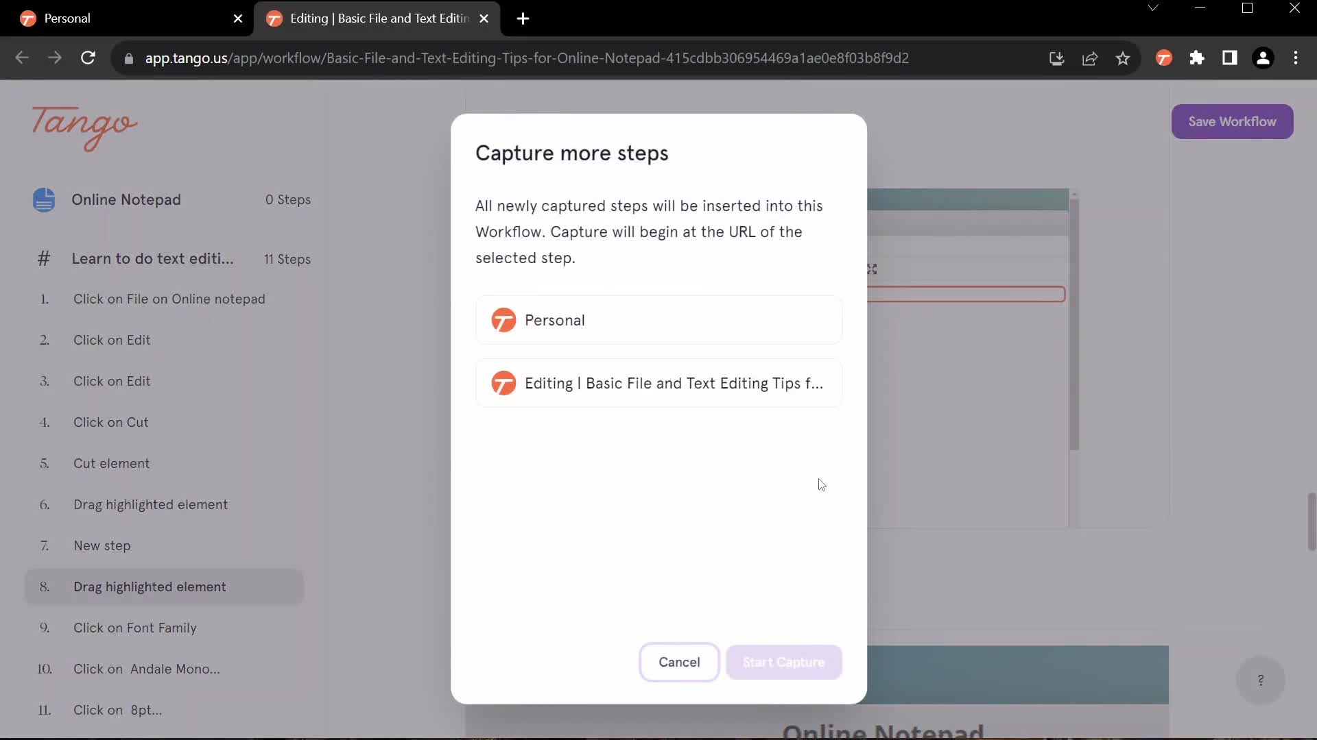Screenshot of Start recording on Creating guides on Tango user flow