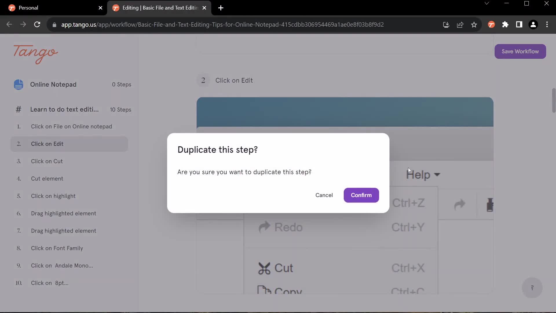 Screenshot of Duplicate on Creating guides on Tango user flow