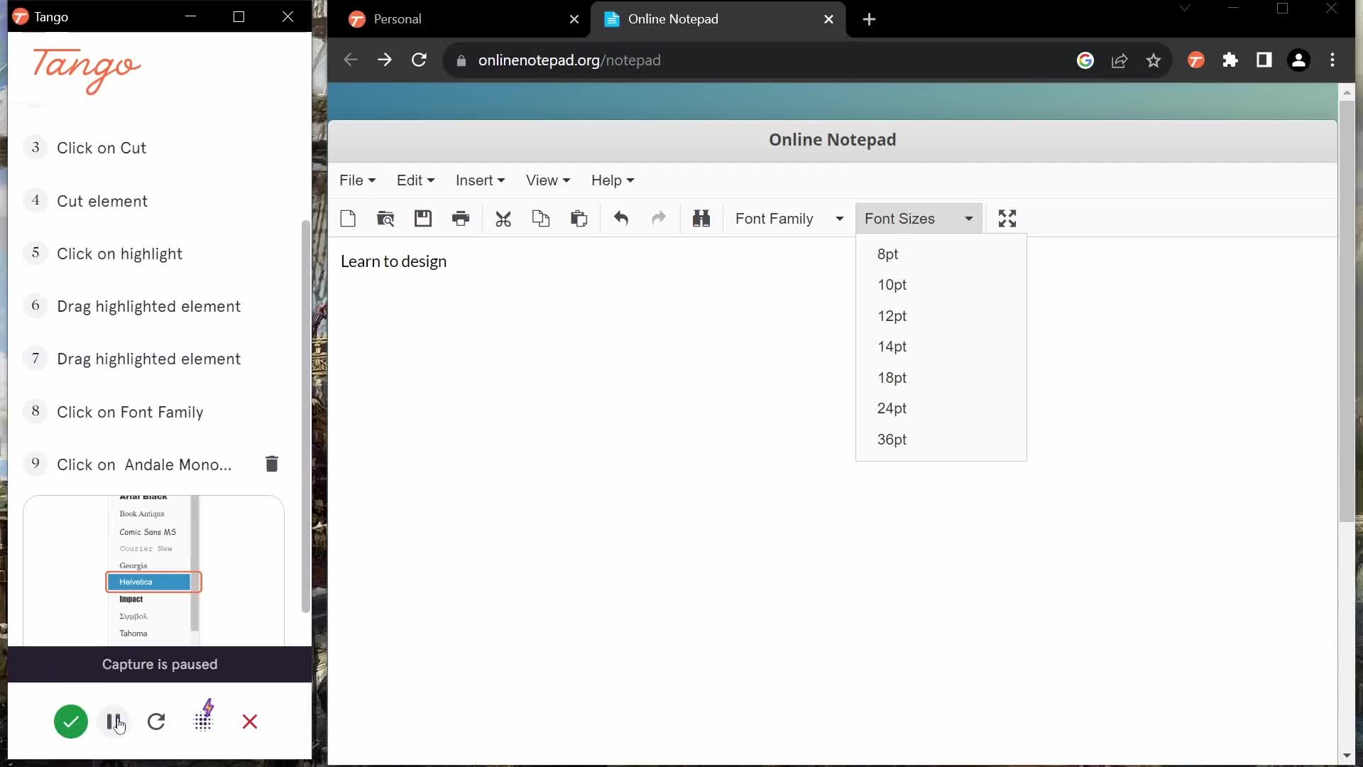 Screenshot of Recording on Creating guides on Tango user flow