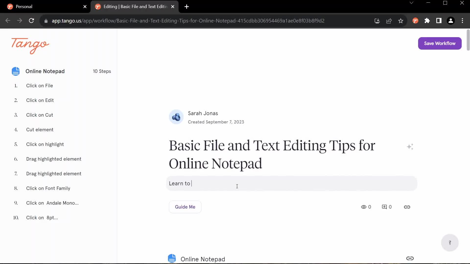 Screenshot of Add description on Creating guides on Tango user flow