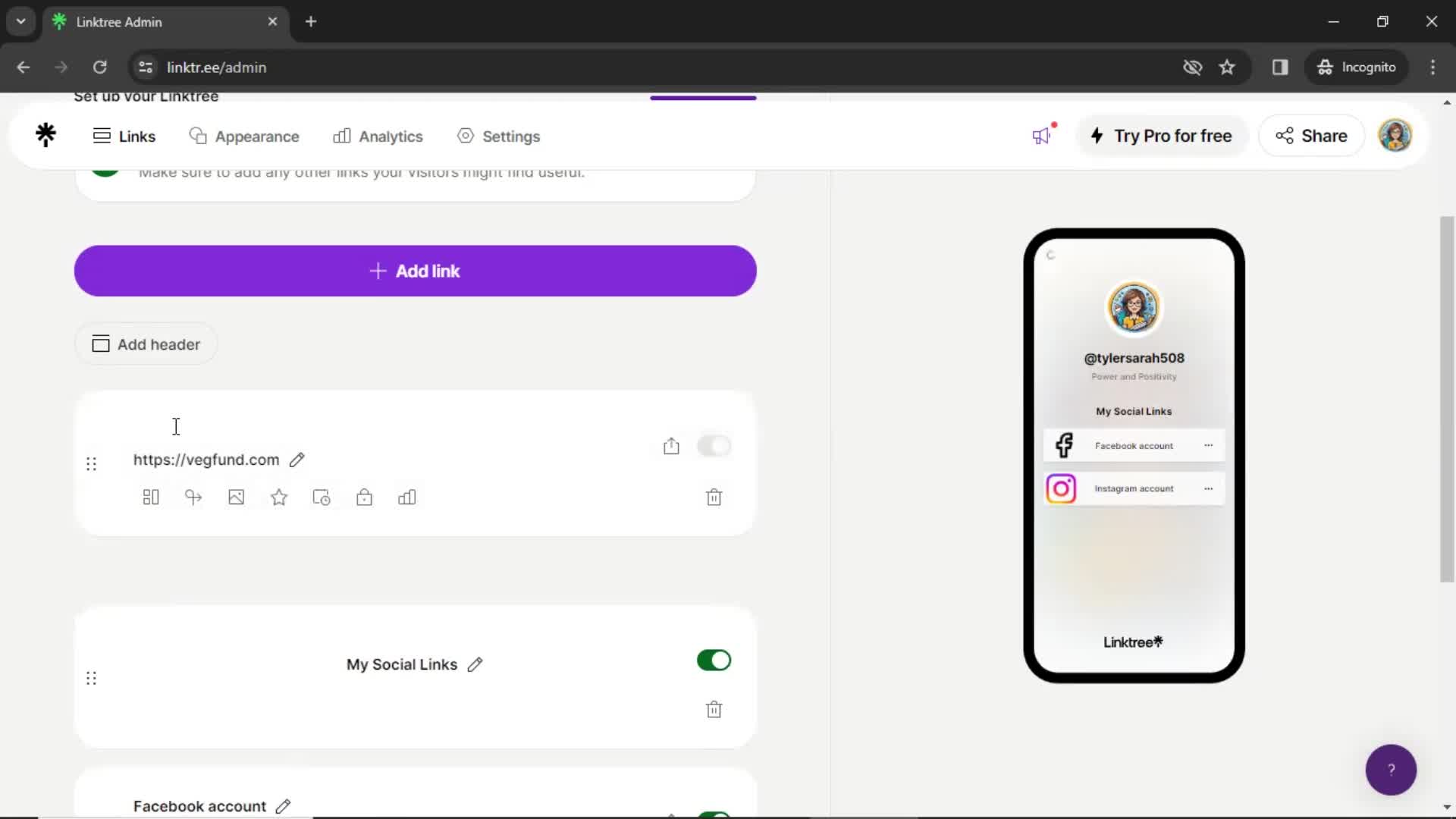 Setting up your linktree screenshot