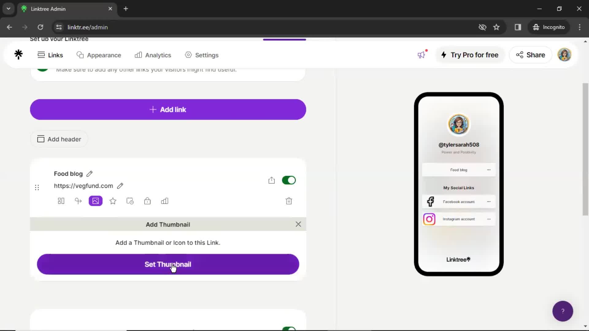 Setting up your linktree screenshot