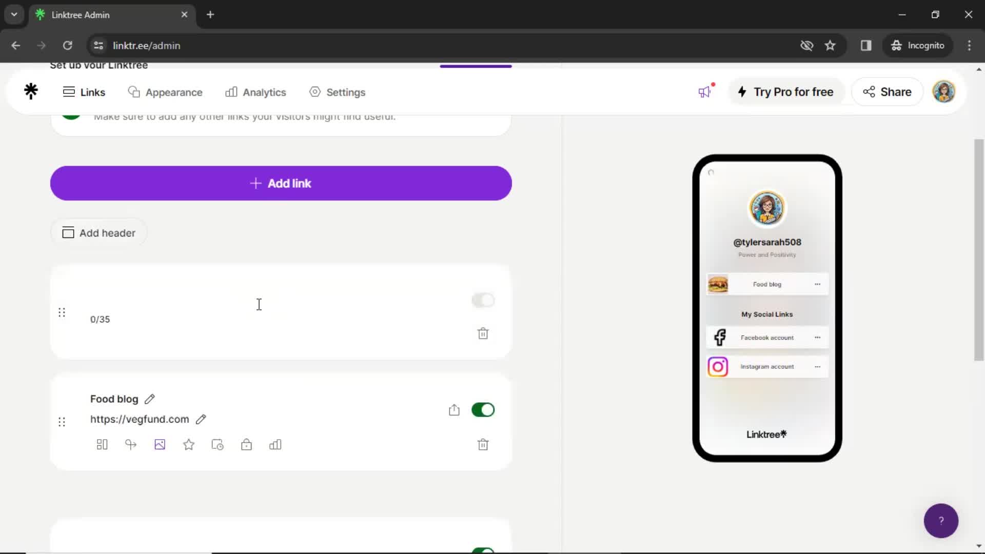 Setting up your linktree screenshot