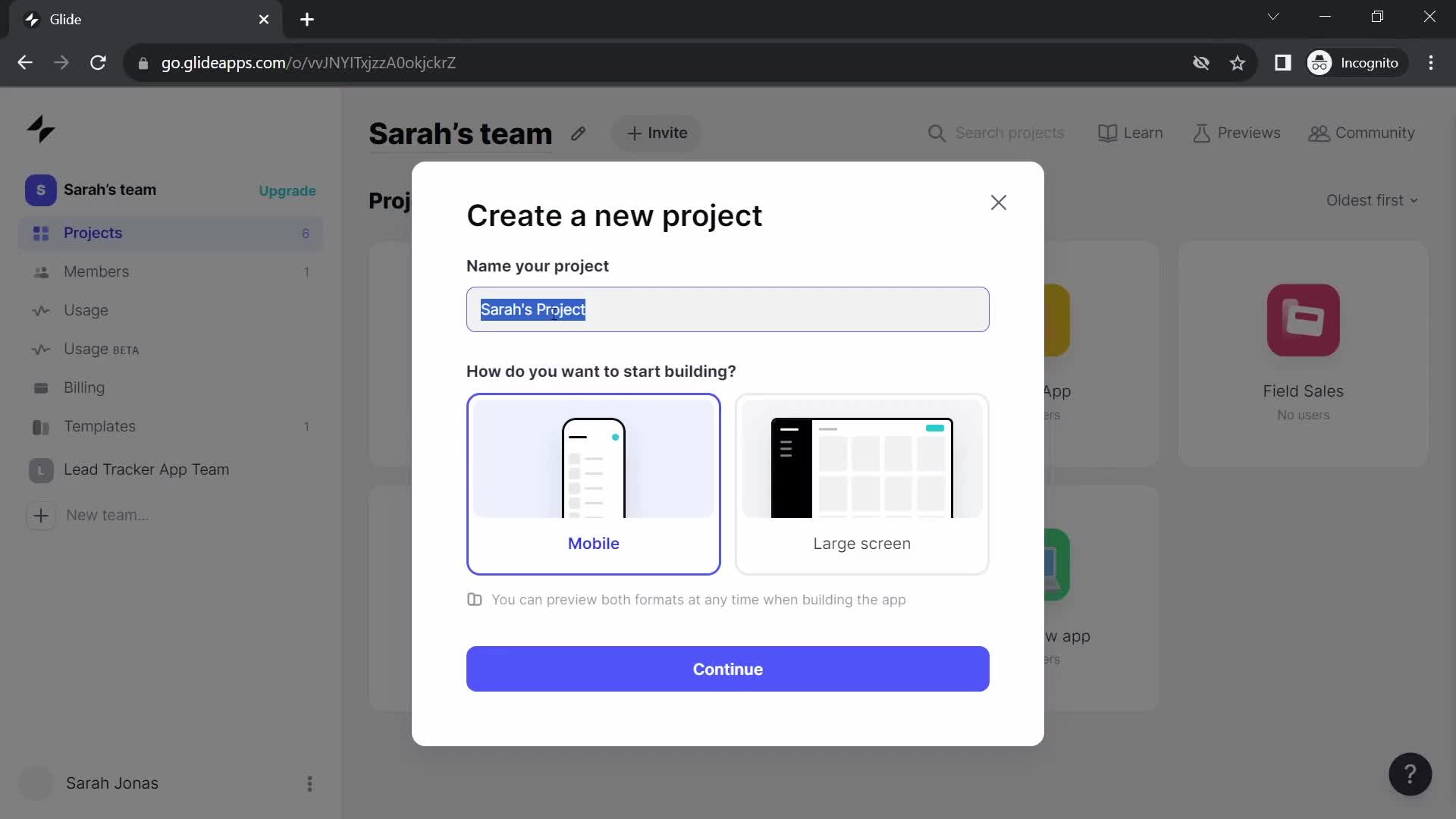 Screenshot of Create project on Creating an app on Glide user flow