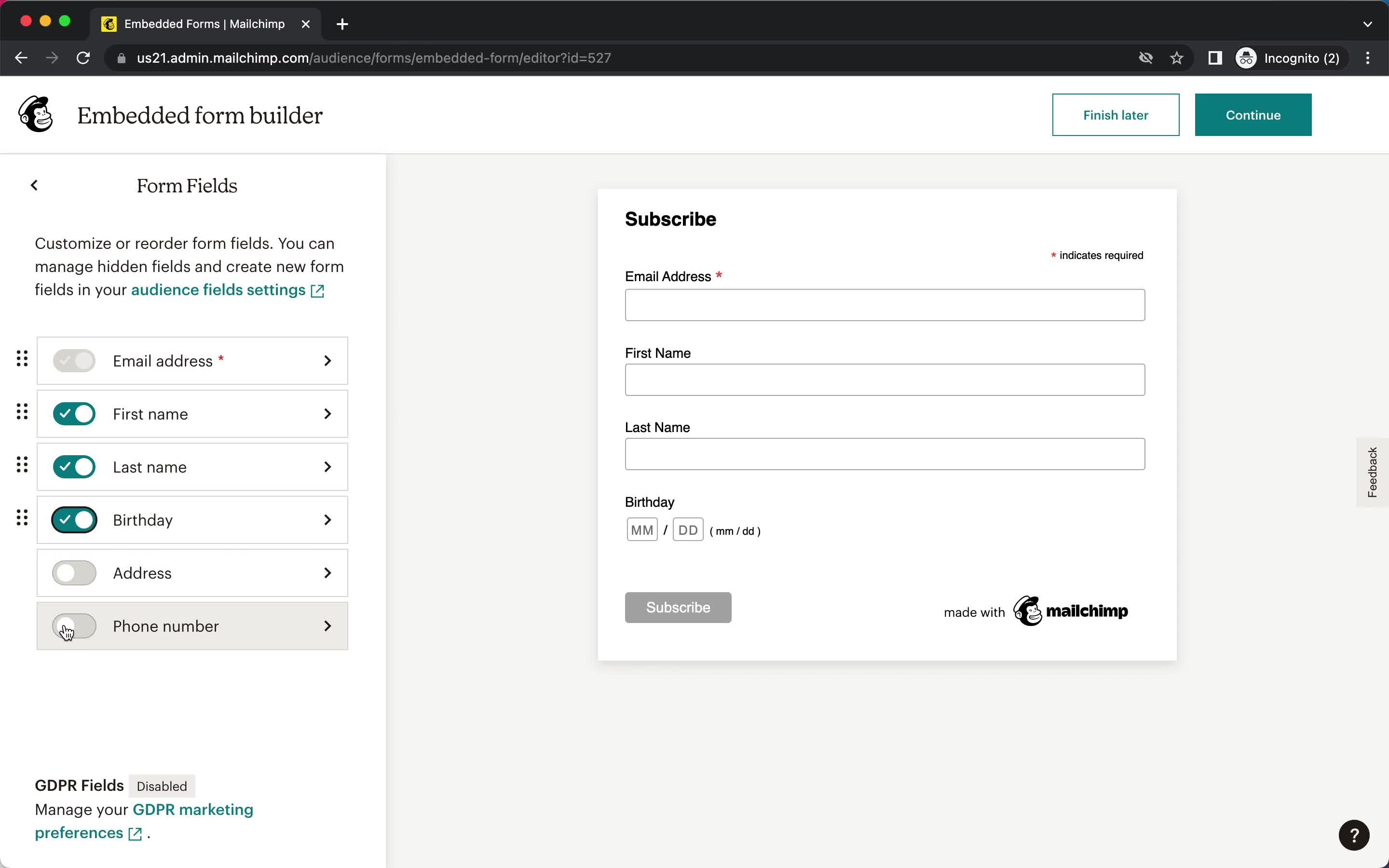 Creating a form screenshot