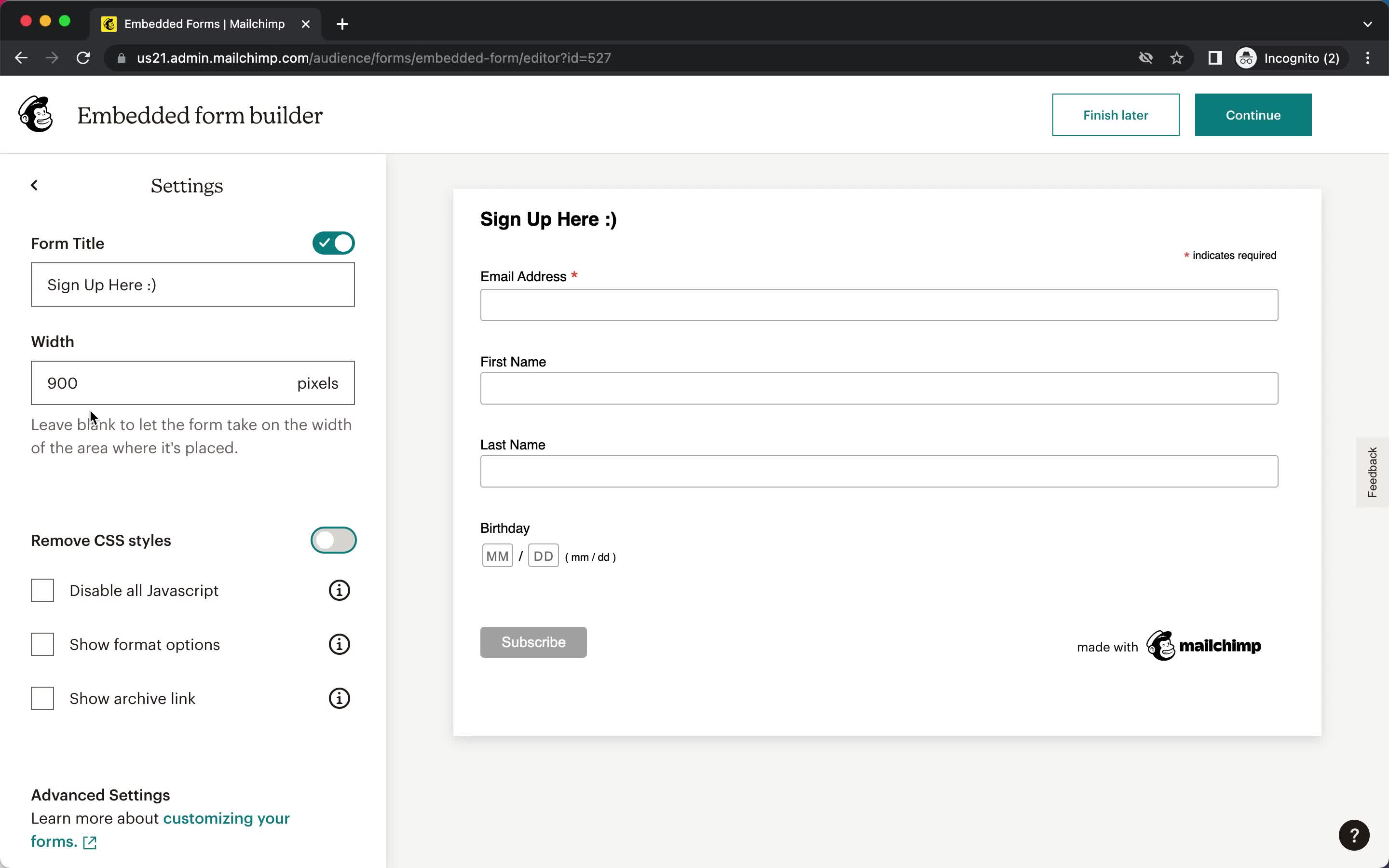 Creating a form screenshot