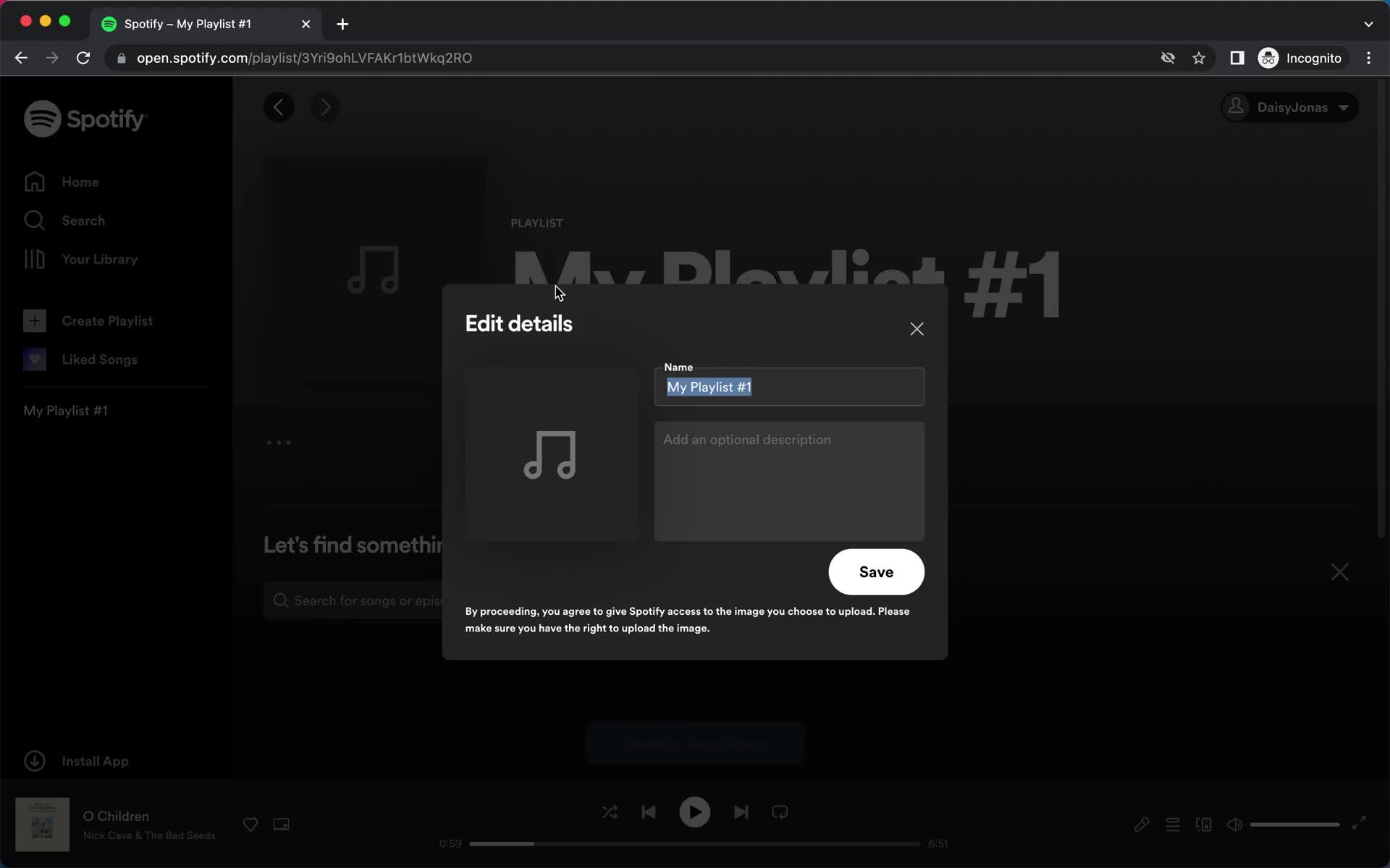 Screenshot of Edit details on Creating a playlist on Spotify user flow