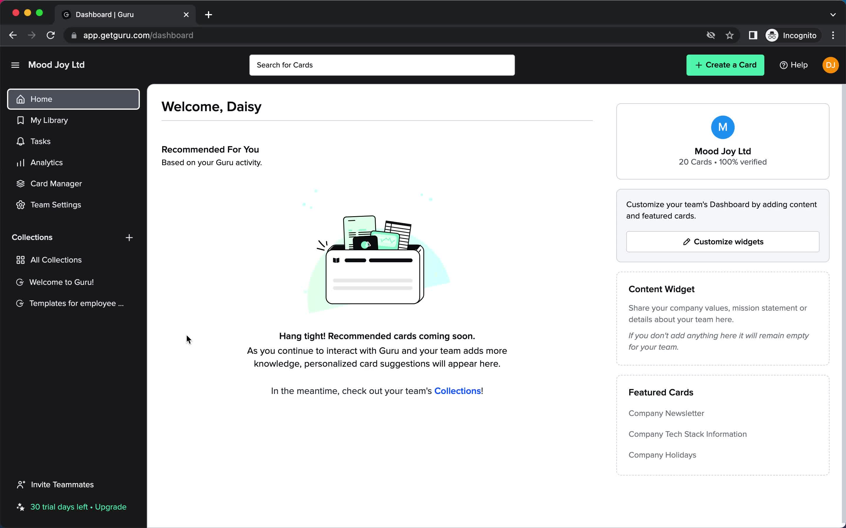 Screenshot of Home on Creating a template on Guru user flow