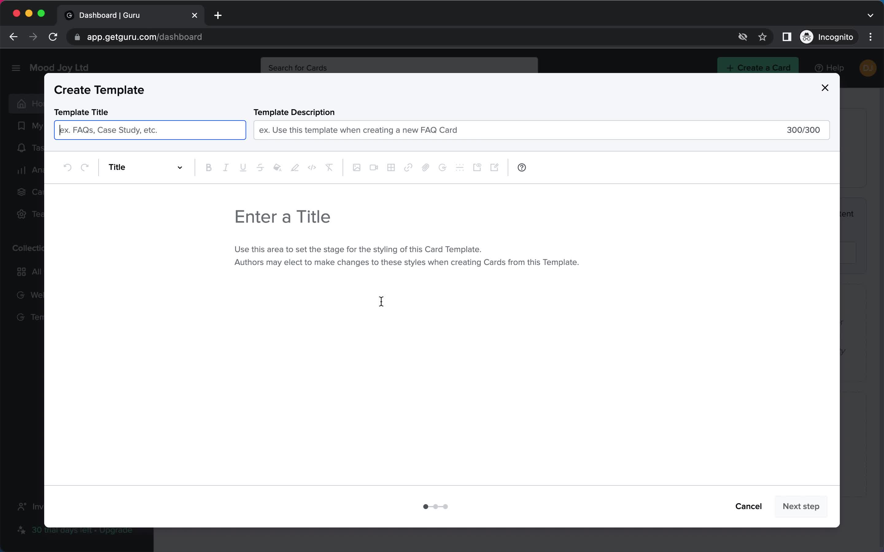 Screenshot of Document editor on Creating a template on Guru user flow