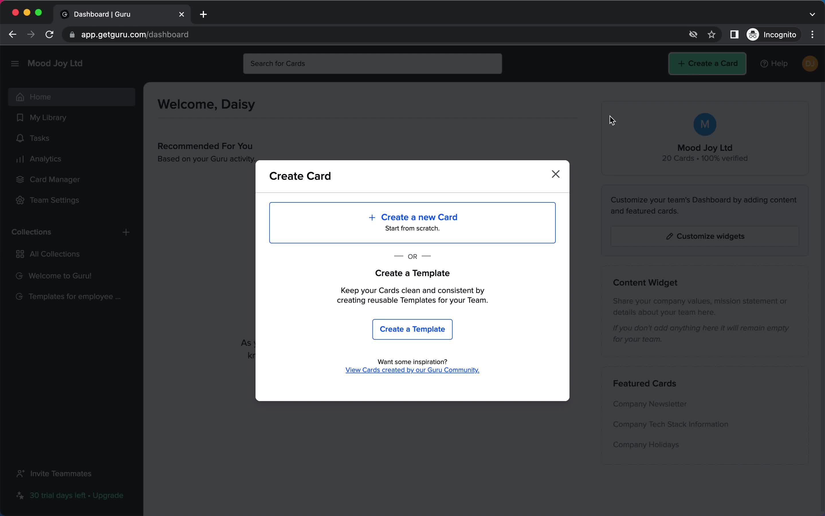 Screenshot of Create card on Creating a template on Guru user flow