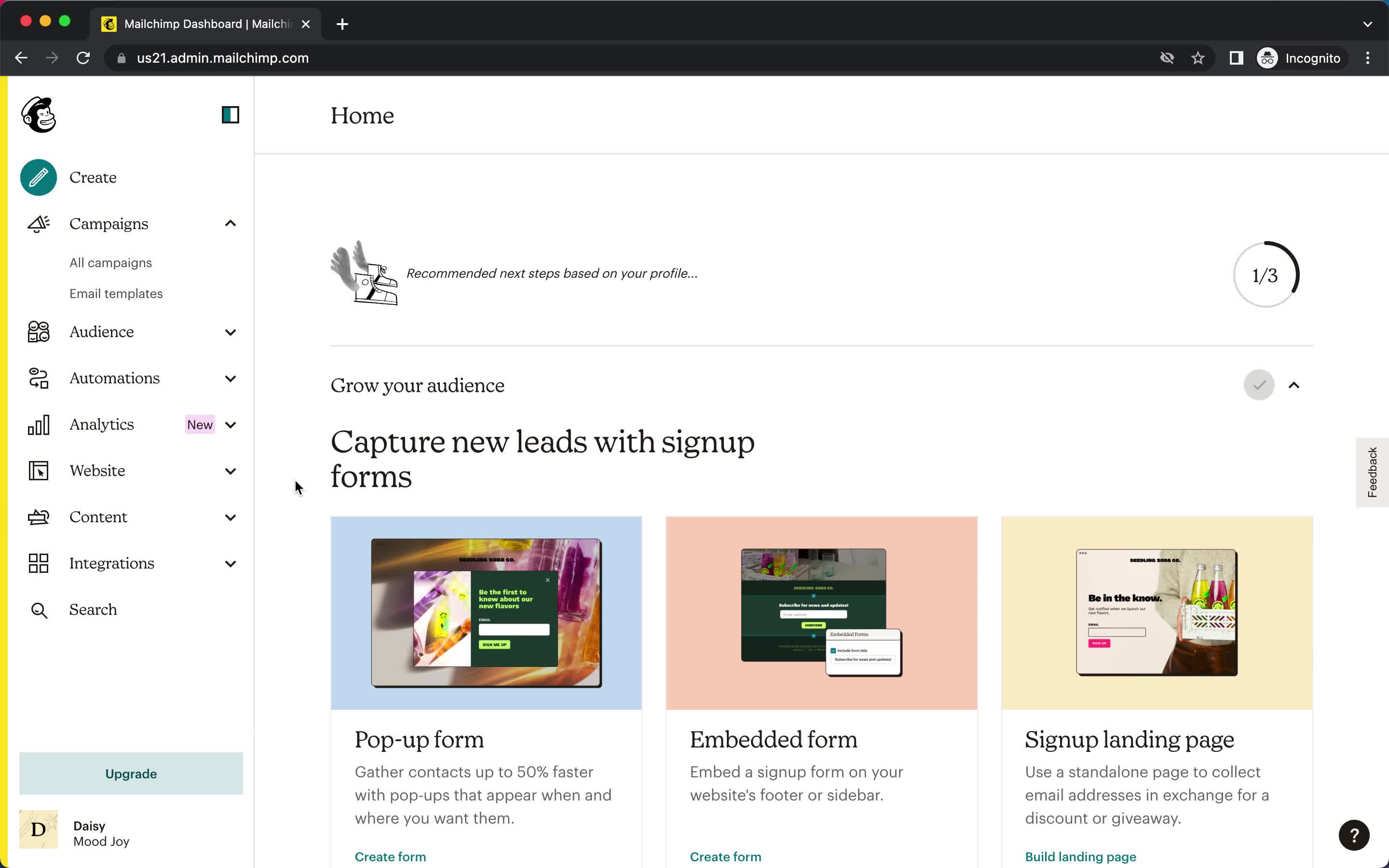 Screenshot of Home on Creating a template on Mailchimp user flow