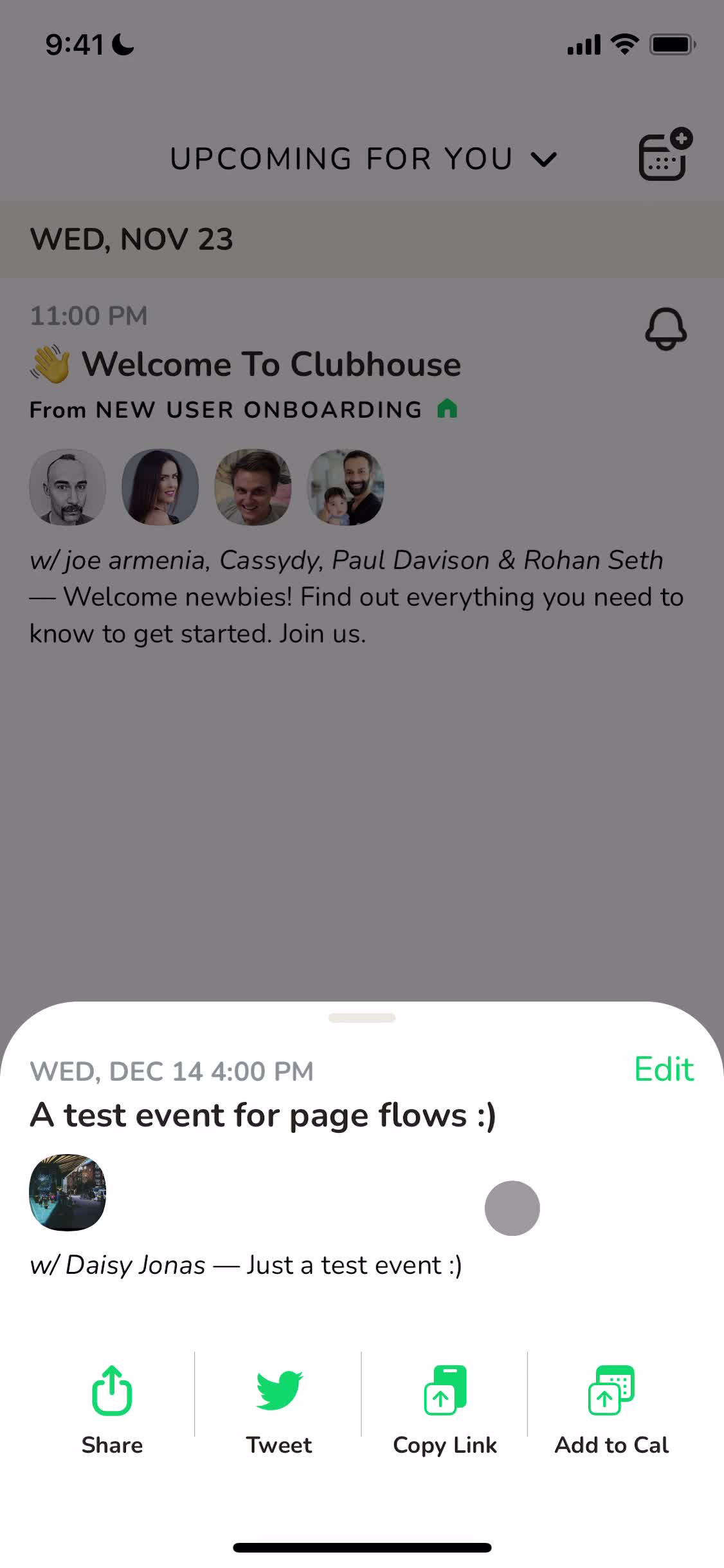 Screenshot of Event published on Creating an event on Clubhouse user flow