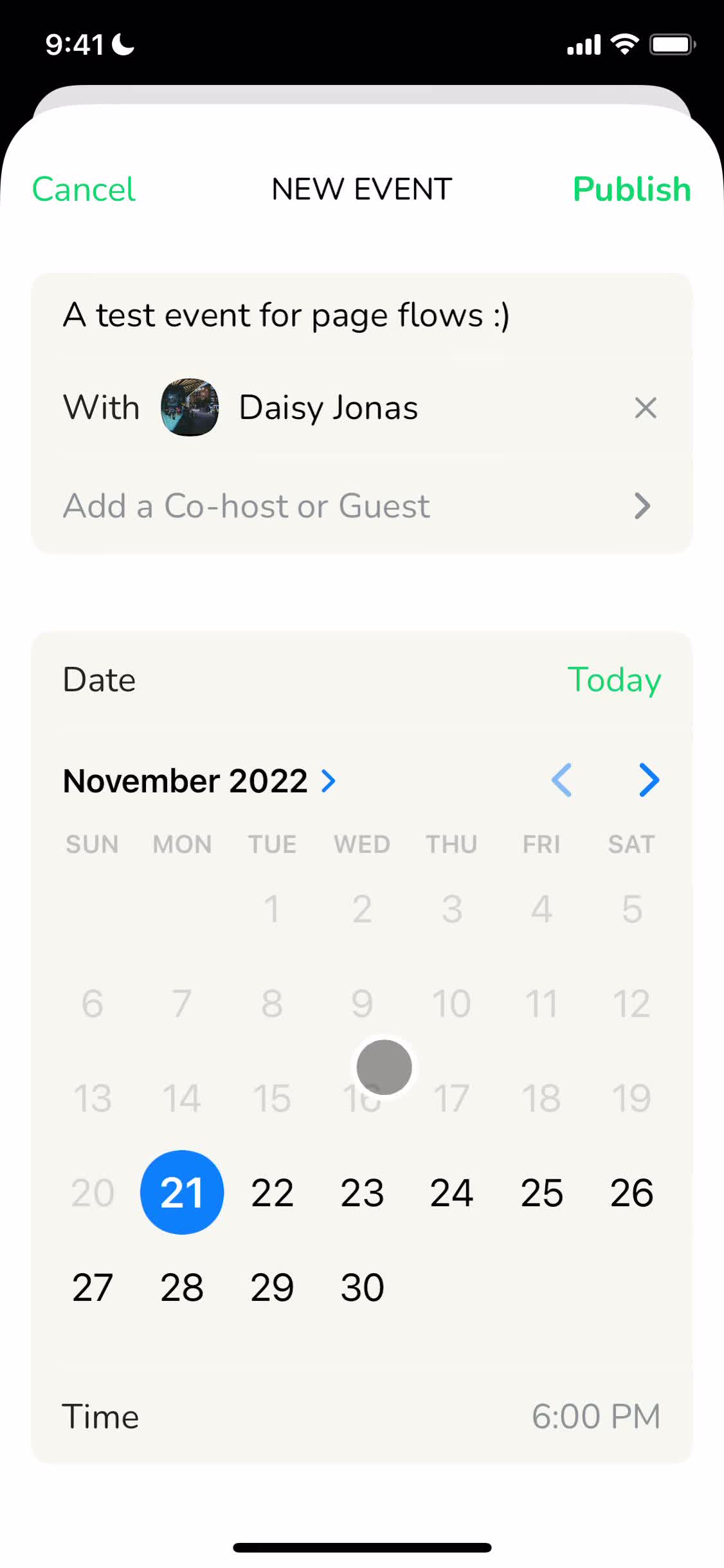 Screenshot of Select date on Creating an event on Clubhouse user flow