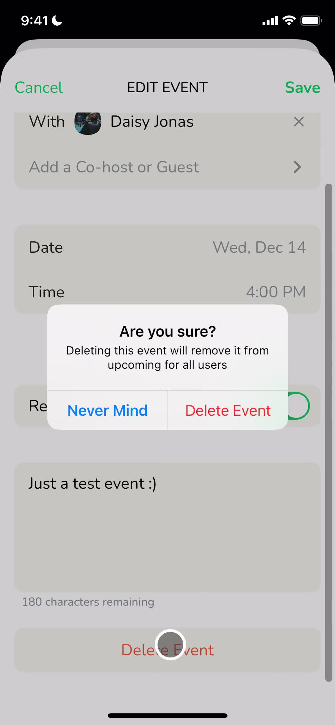 Screenshot of Confirm delete on Creating an event on Clubhouse user flow