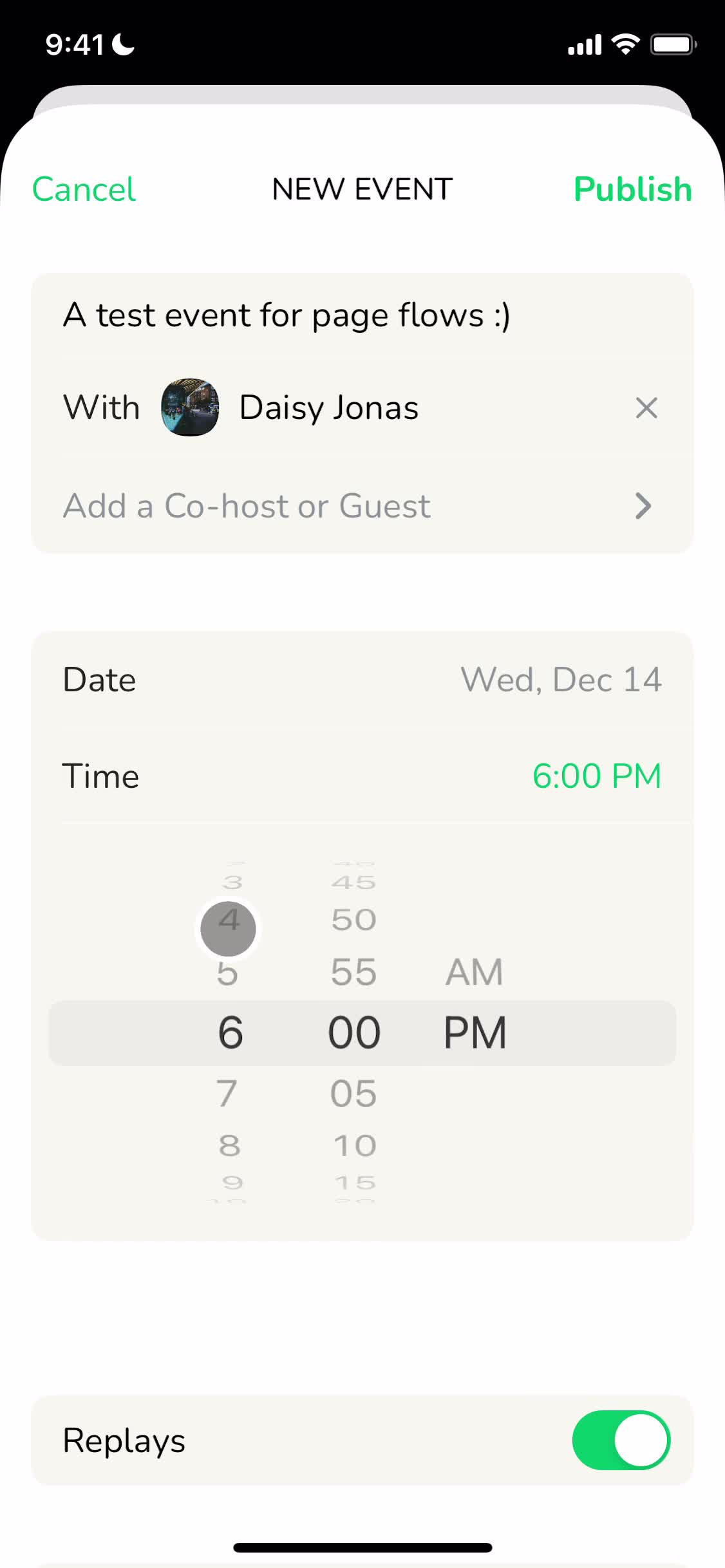 Screenshot of Select time on Creating an event on Clubhouse user flow