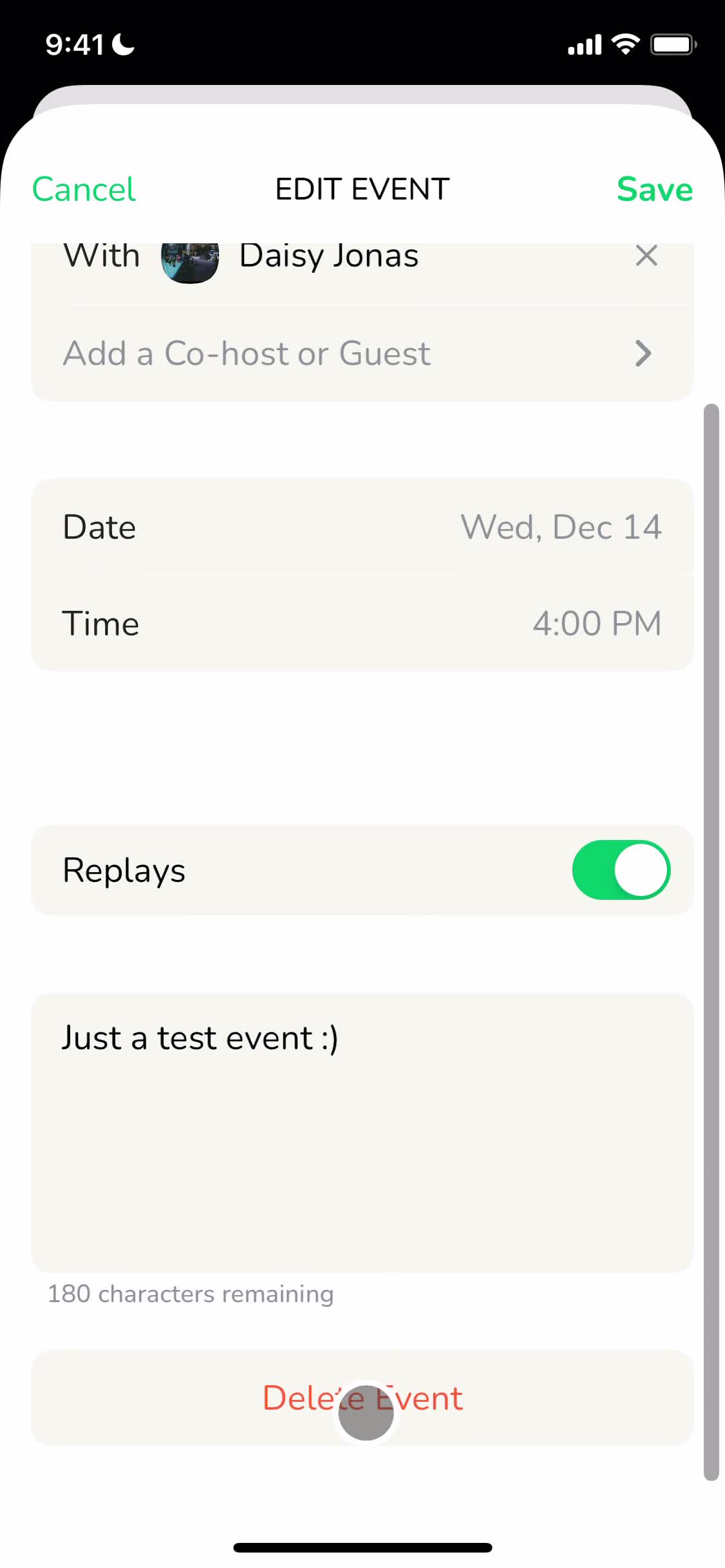Screenshot of Edit event on Creating an event on Clubhouse user flow