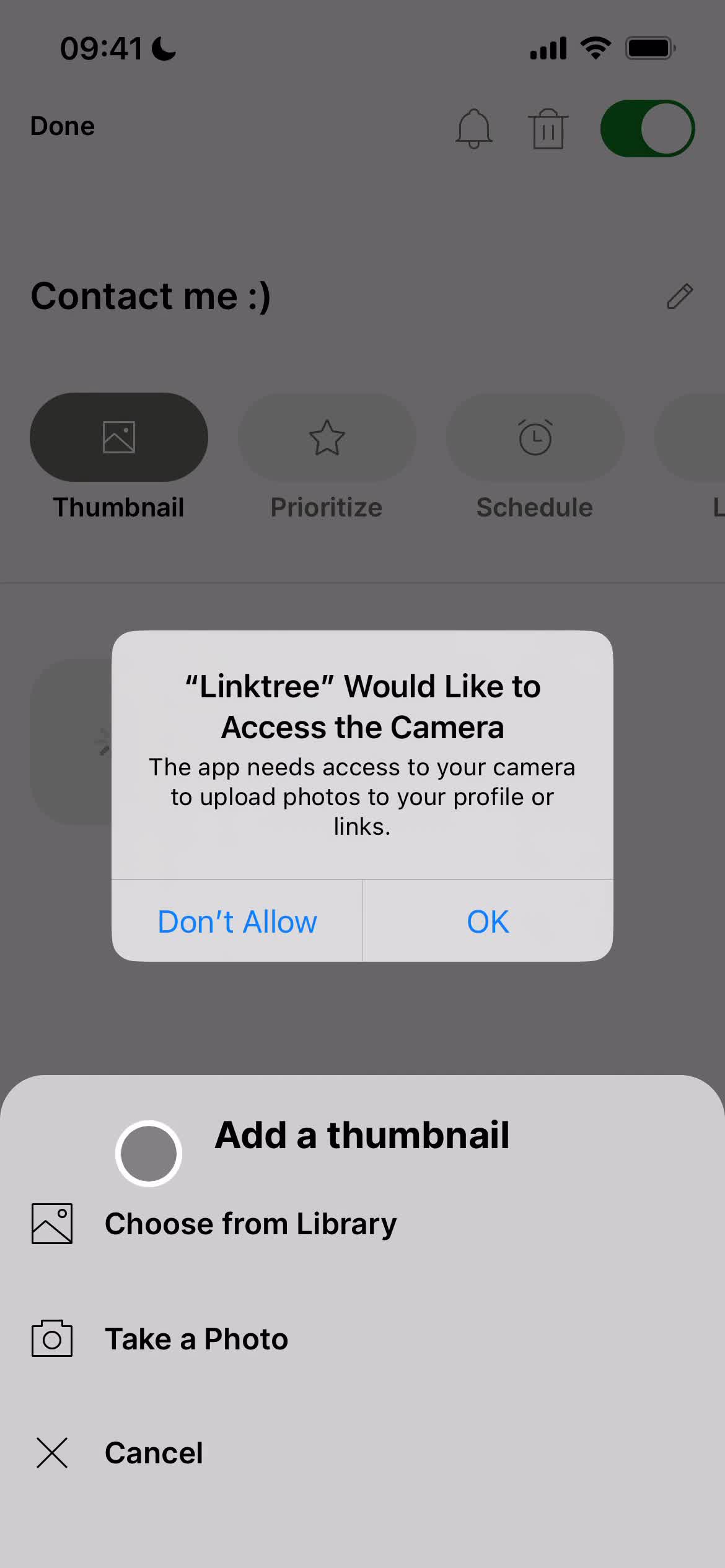 Screenshot of Enable camera on Customization settings on Linktree user flow