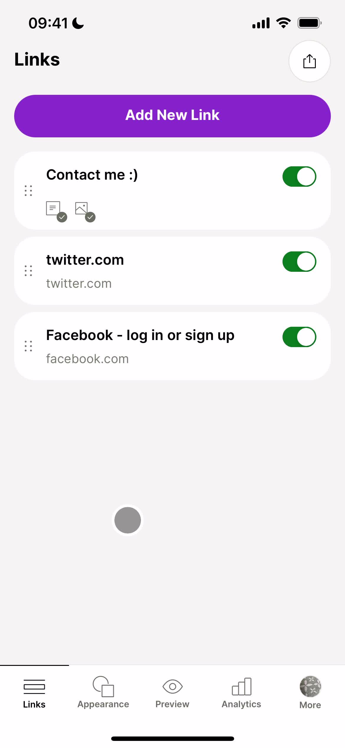 Screenshot of Links on Customization settings on Linktree user flow