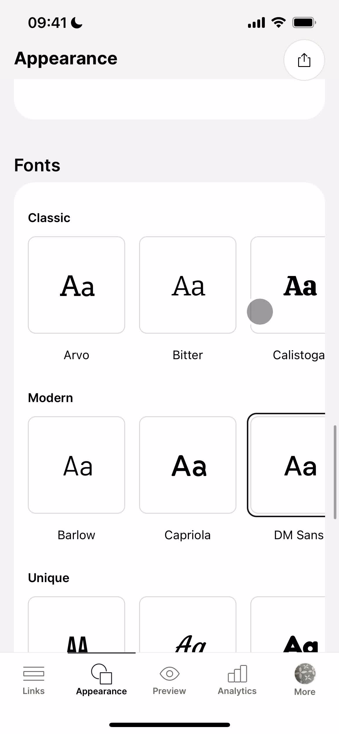 Screenshot of Select font on Customization settings on Linktree user flow