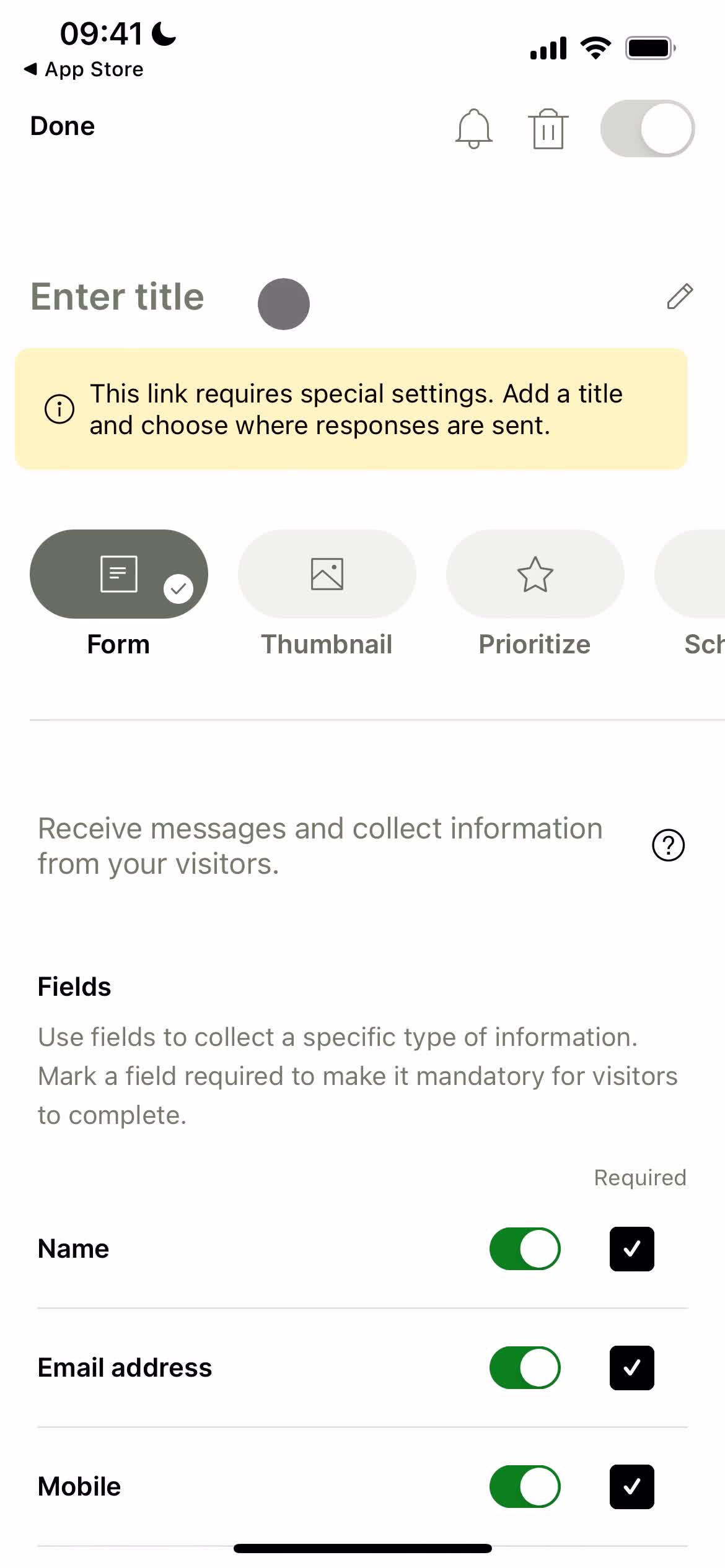 Screenshot of Link settings on Customization settings on Linktree user flow