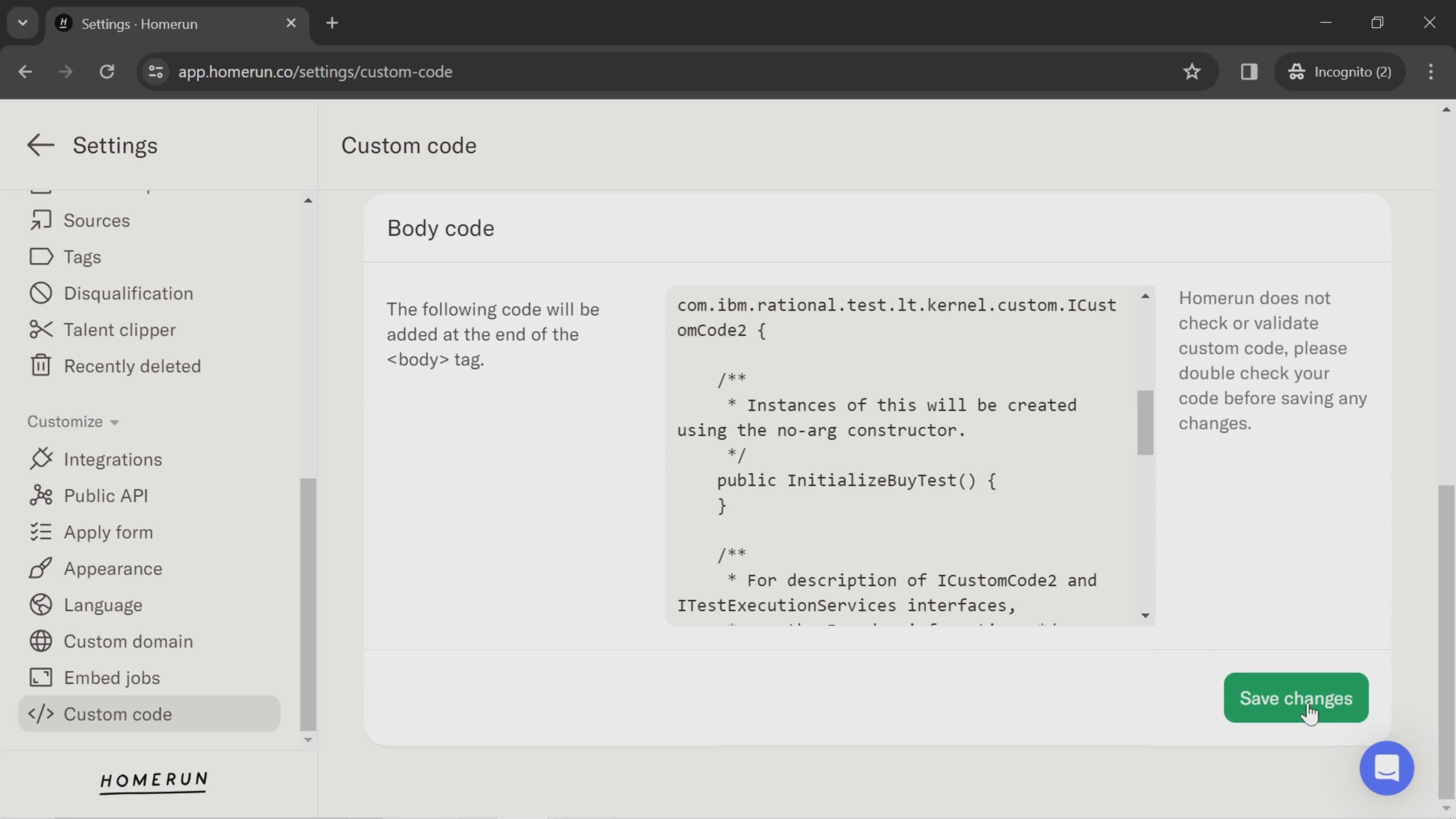 Customizing code screenshot