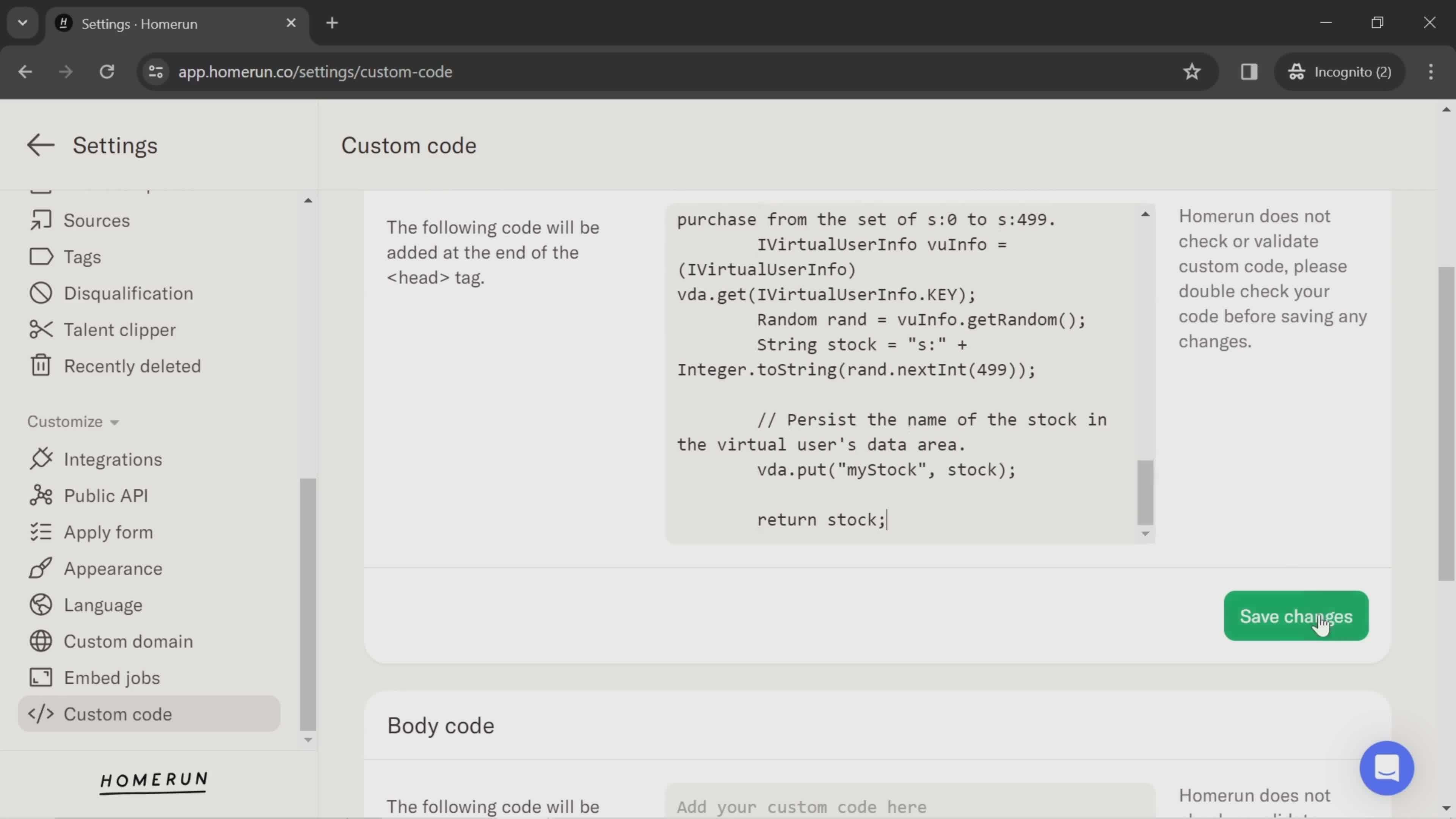 Customizing code screenshot