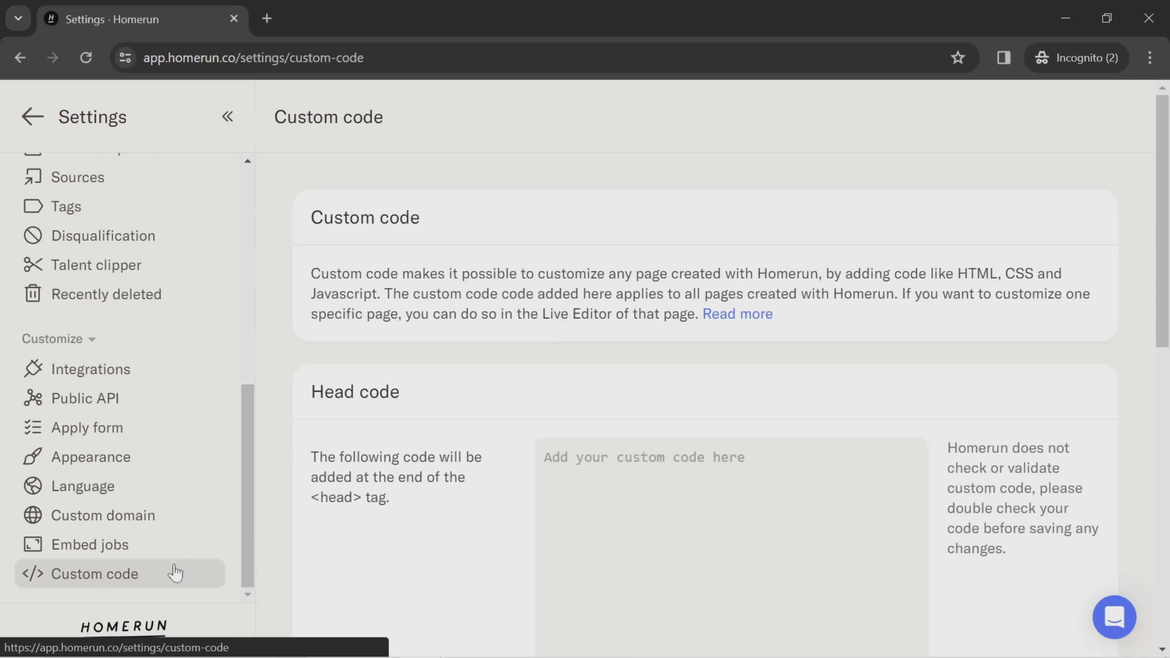 Customizing code screenshot