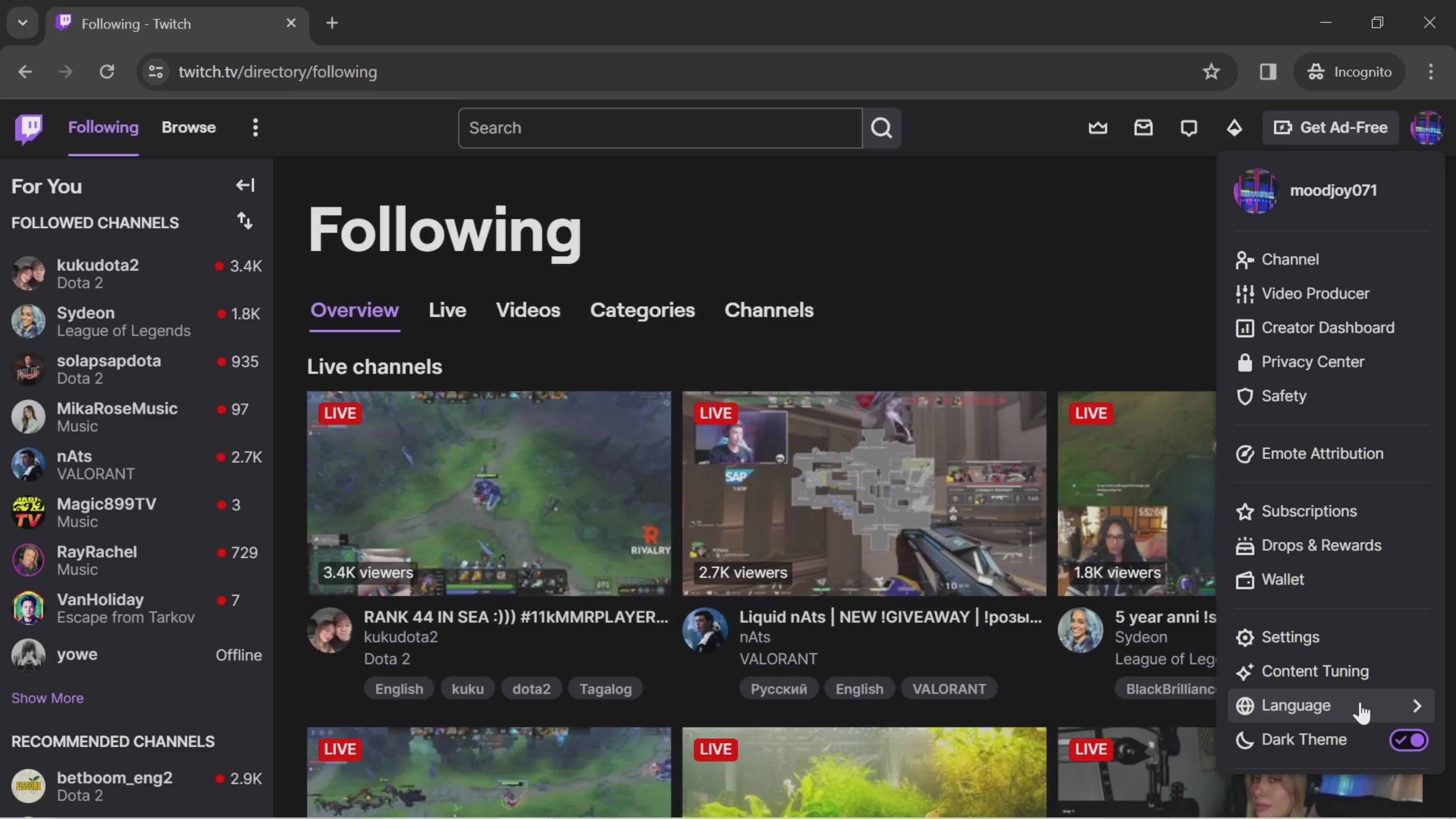 Enabling dark mode on Twitch video thumbnail