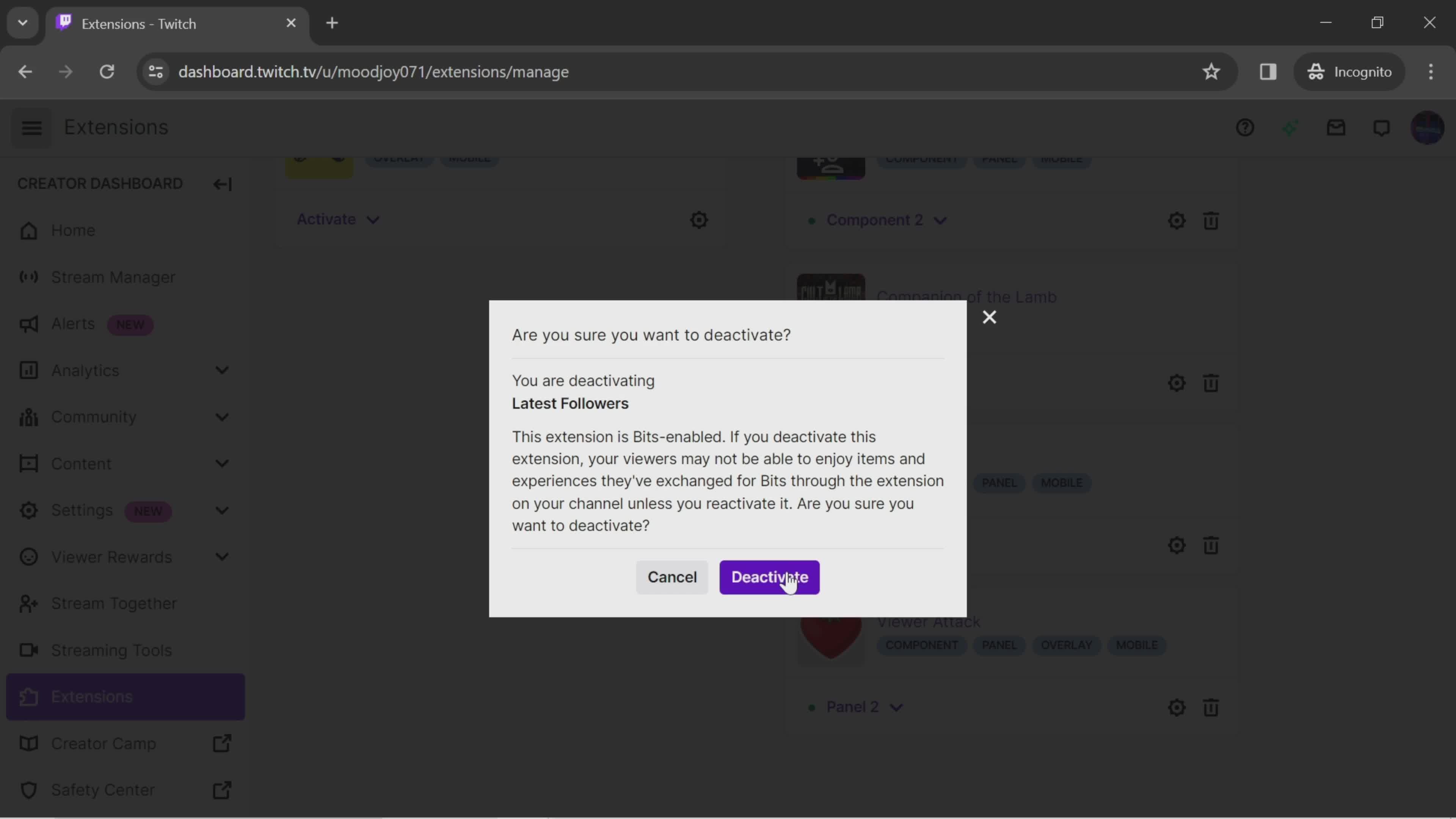 Deactivating extensions on Twitch video thumbnail