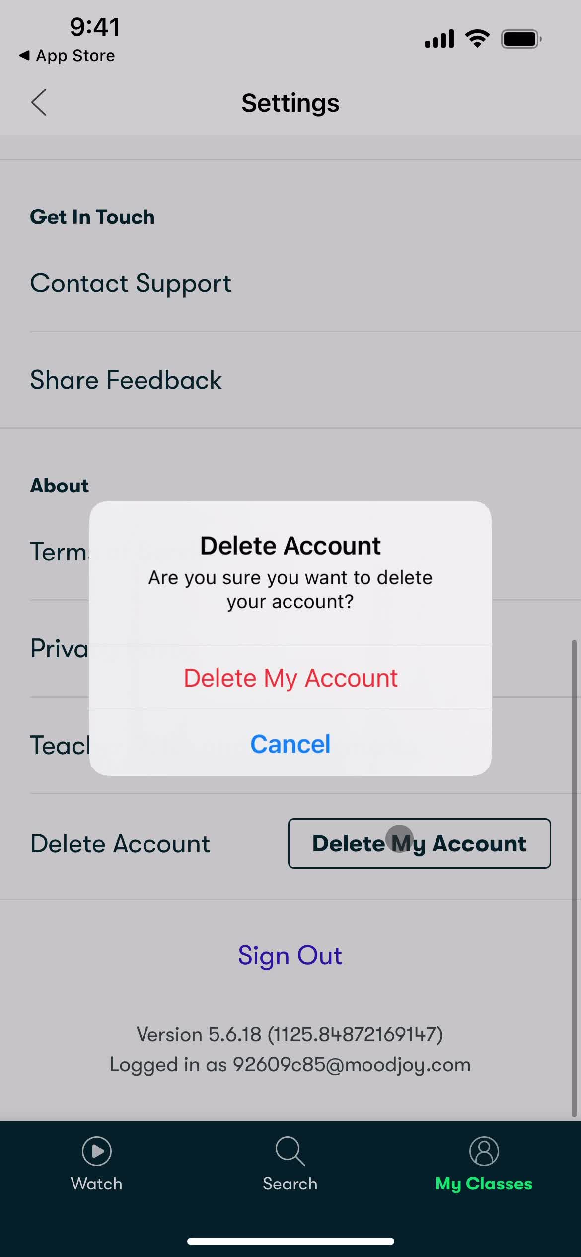 Deleting your account screenshot