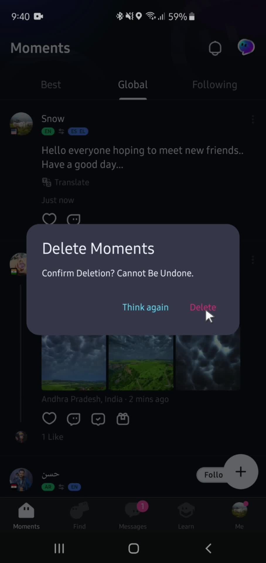 Deleting a post screenshot