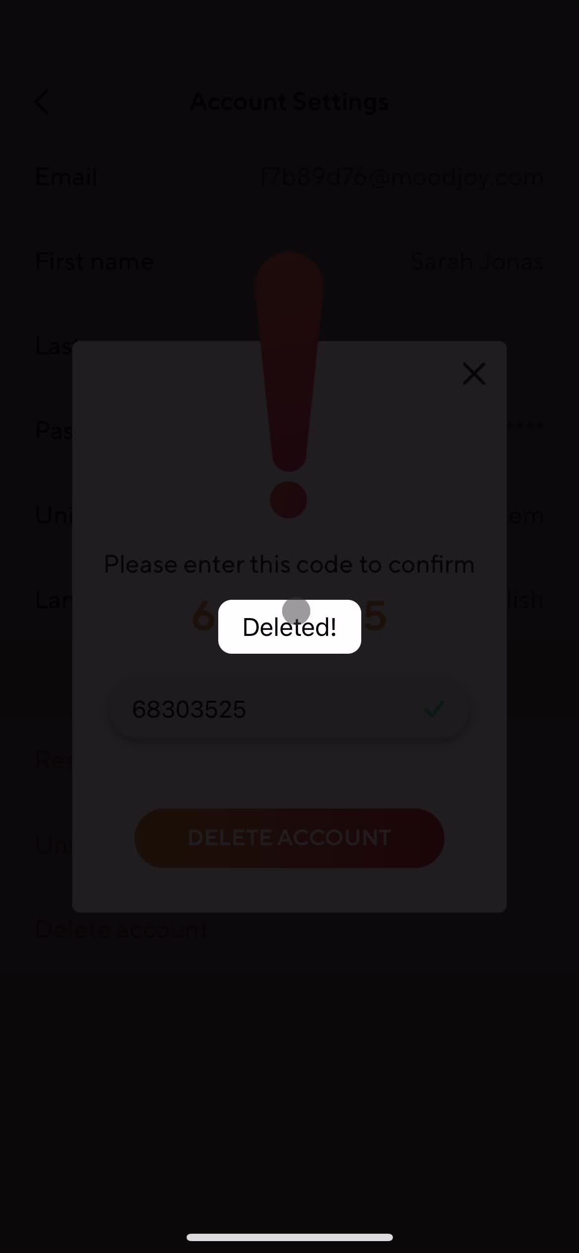 Deleting your account screenshot