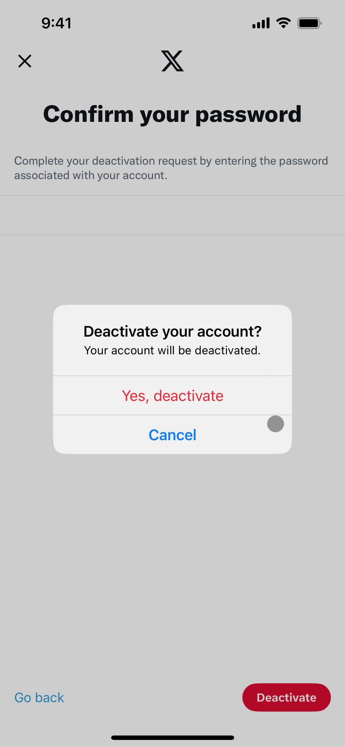 Deactivating your account screenshot