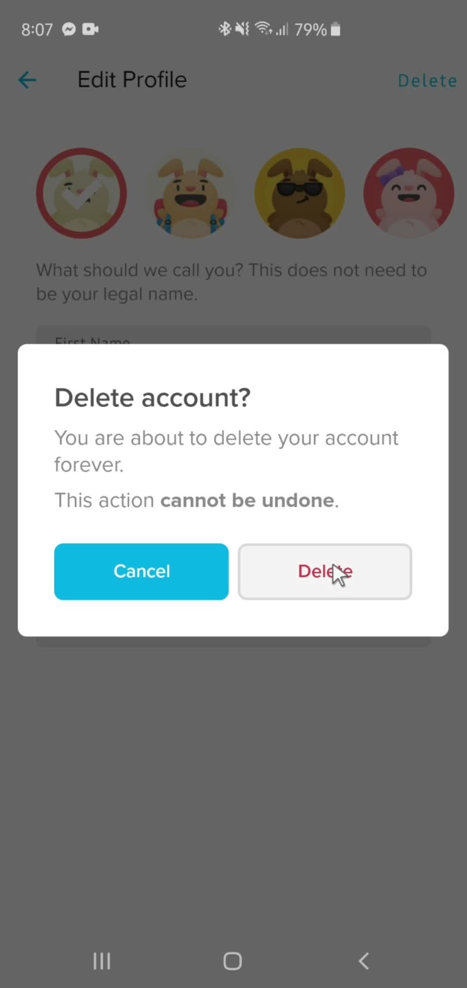 Deleting your account screenshot